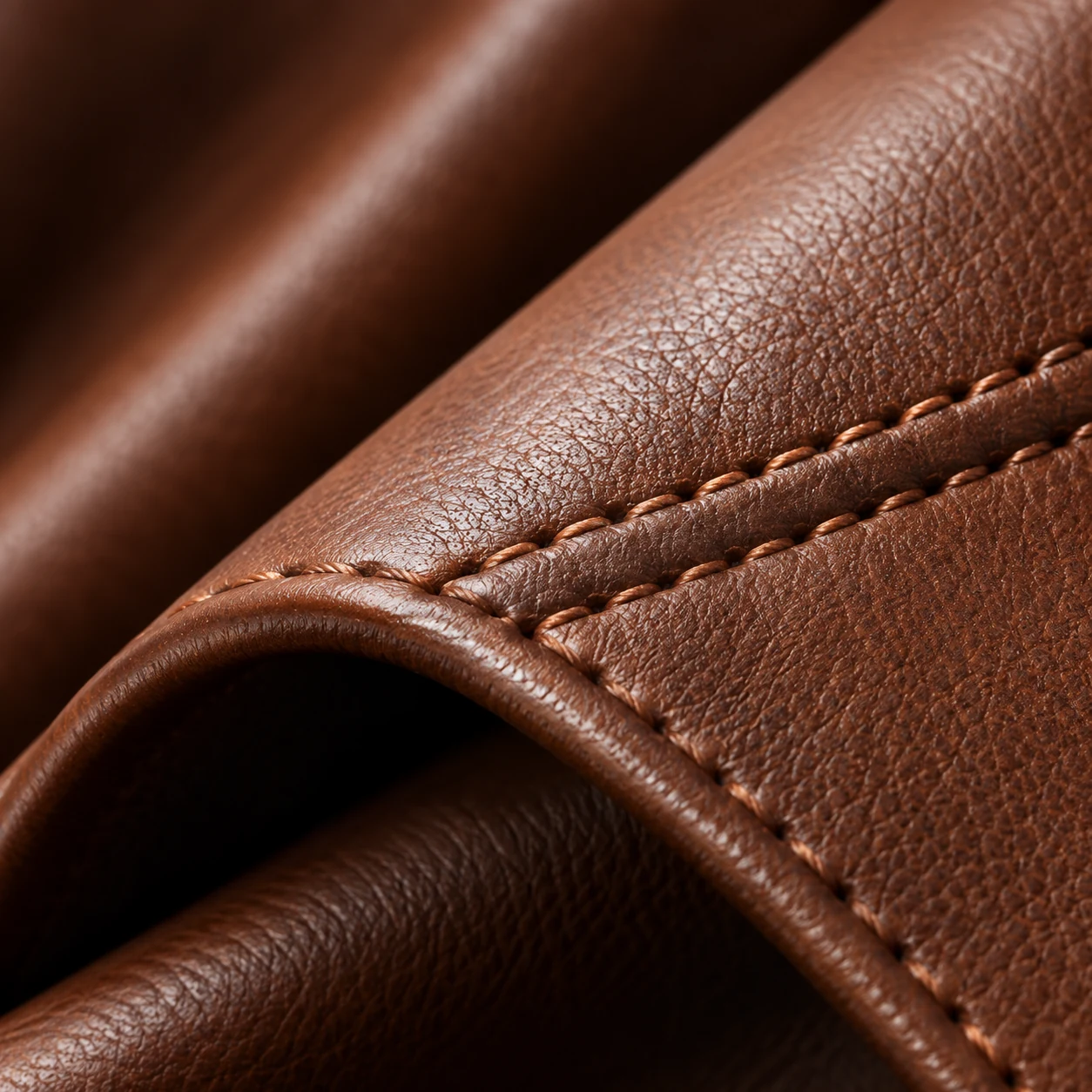 Folded tan pigmented leather showing topstitching and a fine grain