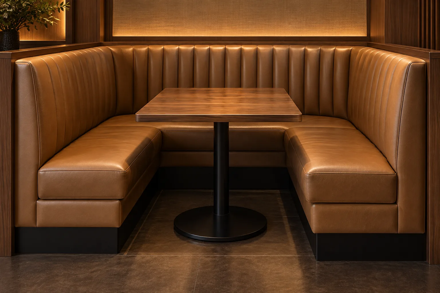 Tan leather U-shaped restaurant booth seating on three sides