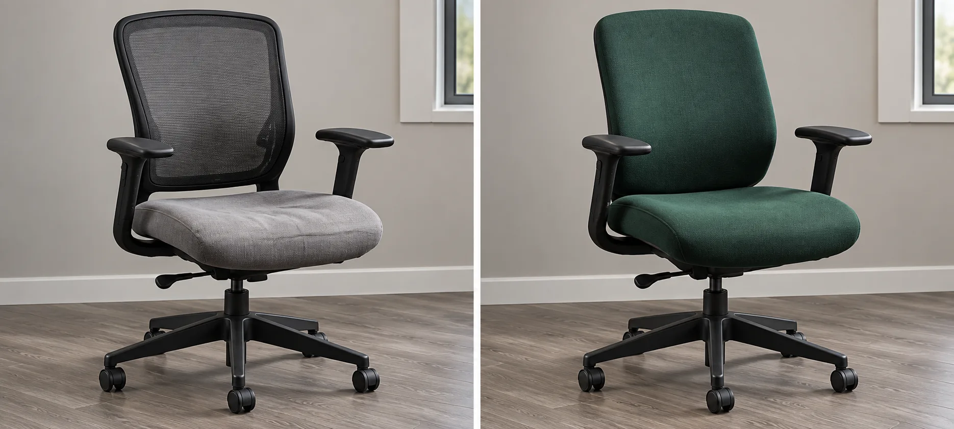 Office task chair reupholstered from worn gray to green fabric