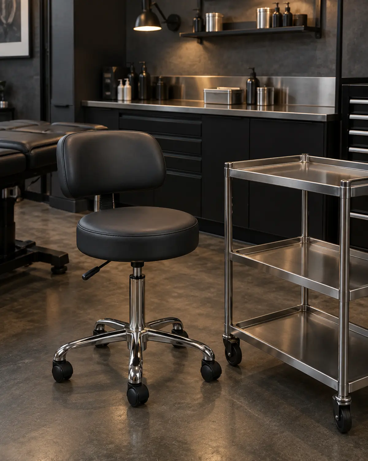 A charcoal artist stool on casters in a tattoo studio