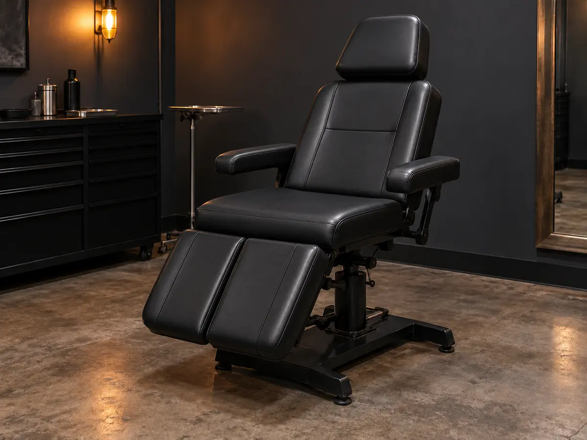The same tattoo chair with every pad recovered in black vinyl
