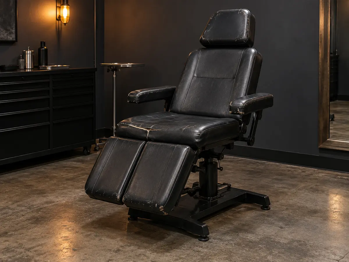 A black tattoo client chair with cracked seat and leg pads