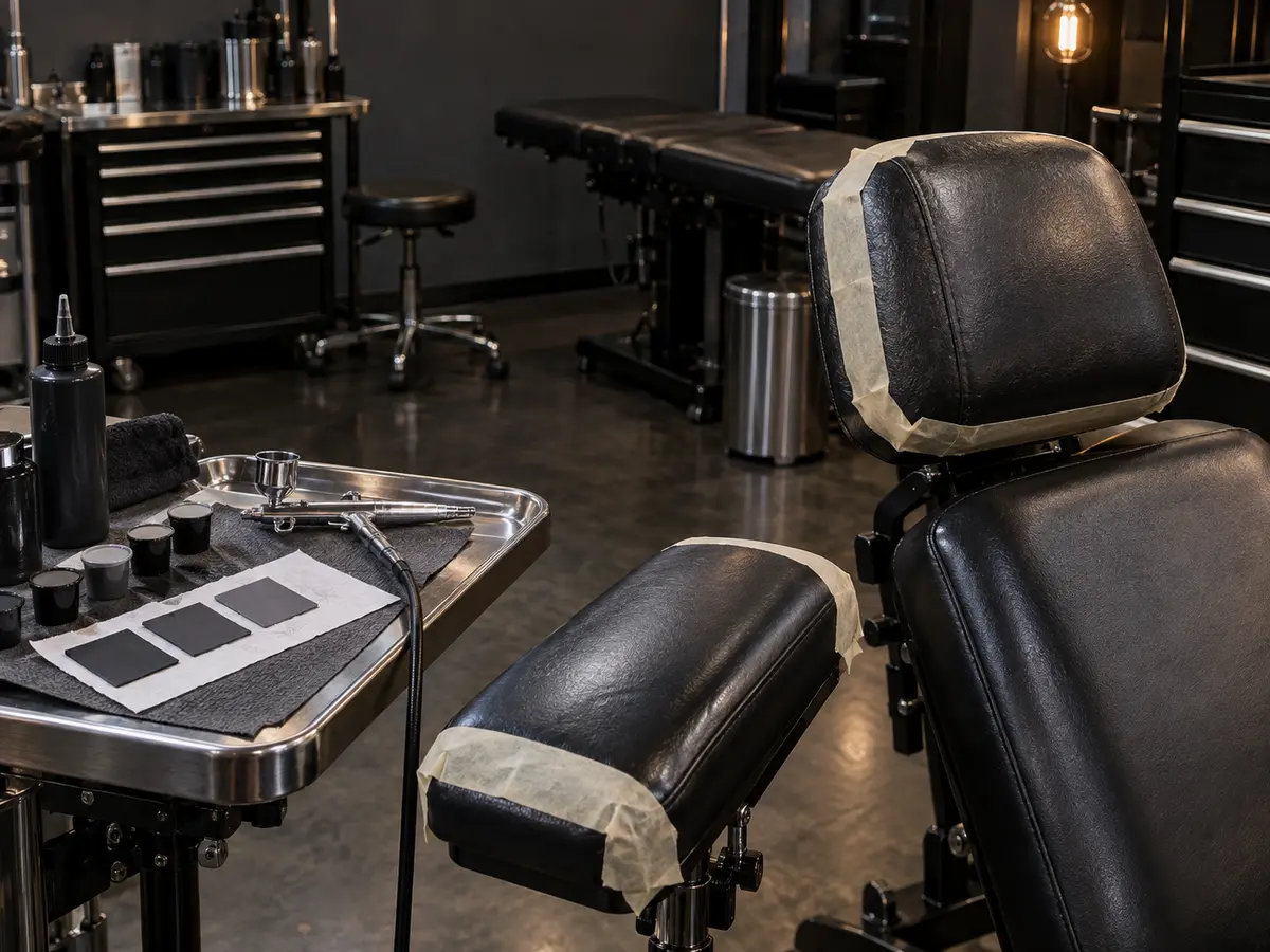 A tattoo chair headrest and leg pad masked with tape for recoloring