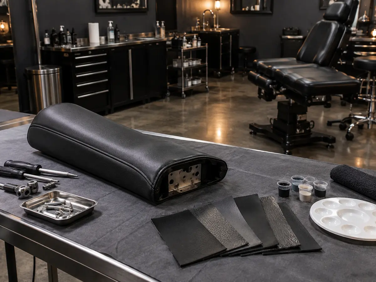A tattoo chair leg pad on a bench next to black vinyl swatches