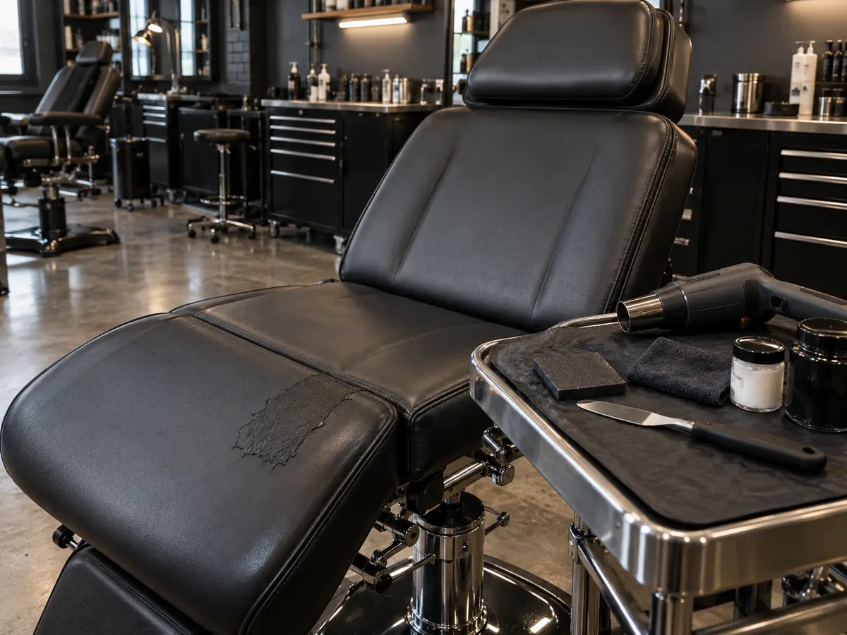 A tattoo chair seat with one worn patch being filled, with tools on a tray