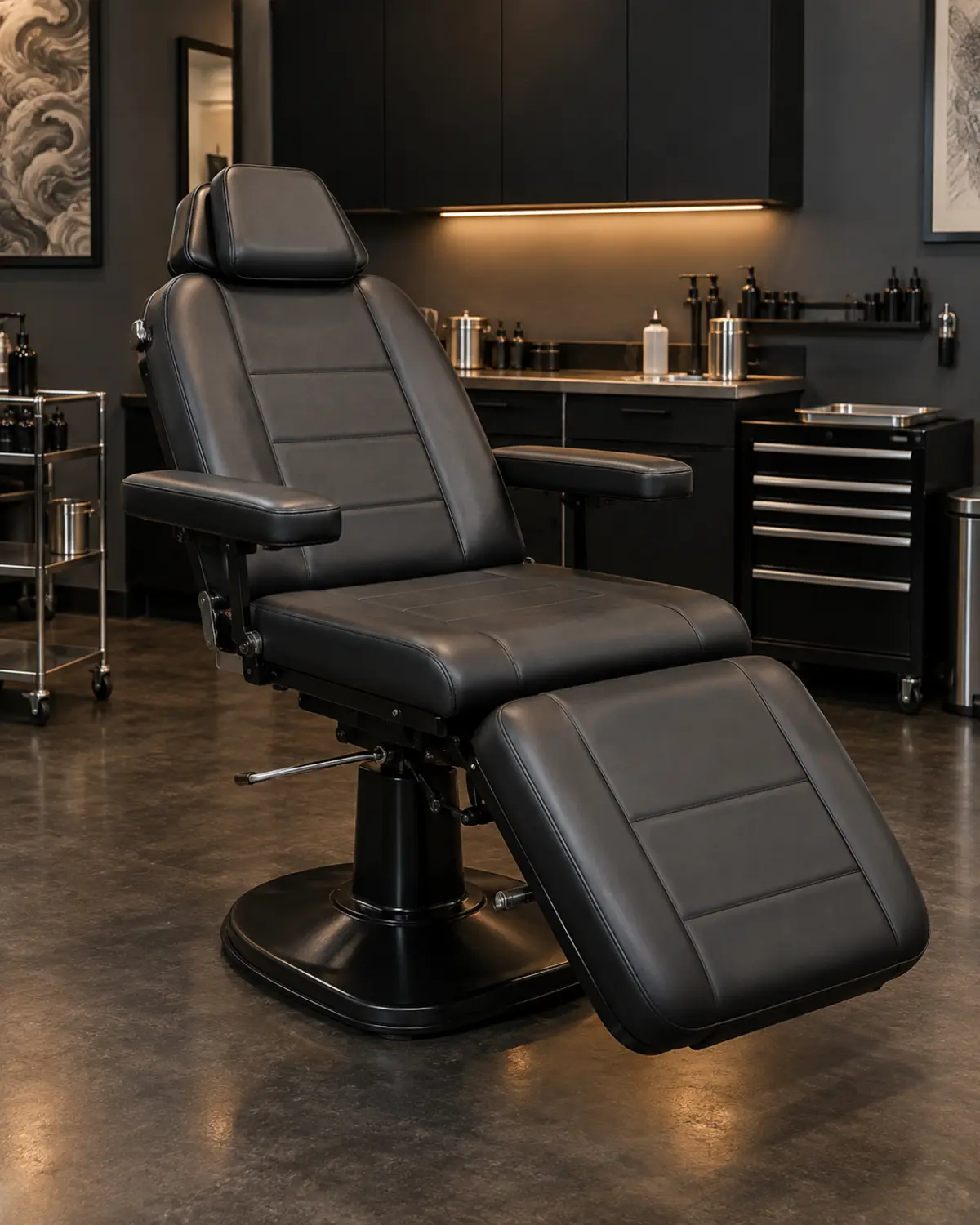 A black vinyl tattoo client chair with the leg rest raised