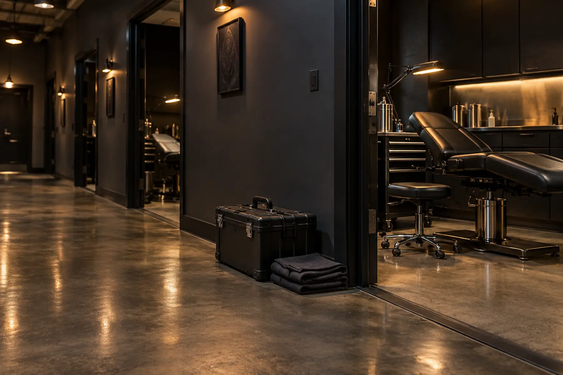 A closed tattoo studio at night with a tool case by the door
