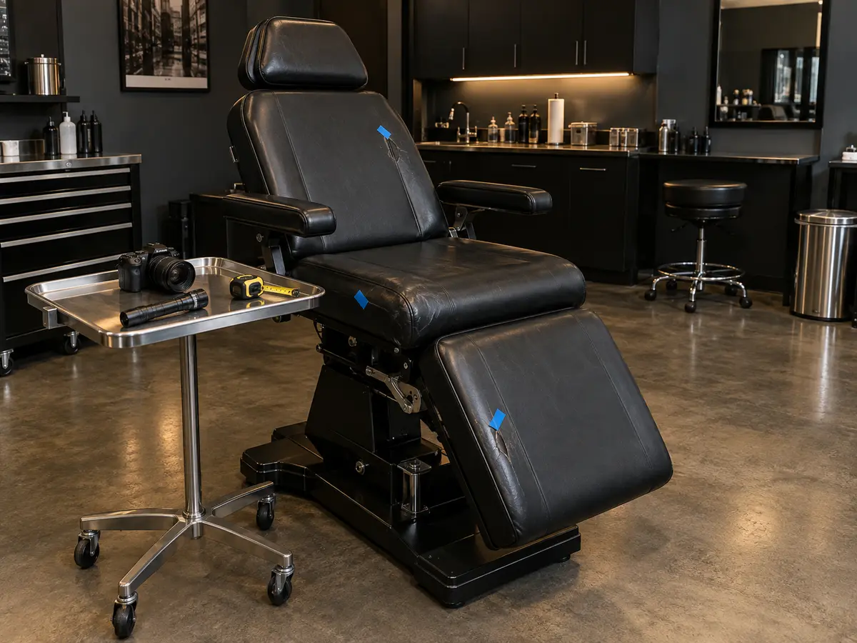 A tattoo chair with blue tape marking damage, a camera on the tray beside it
