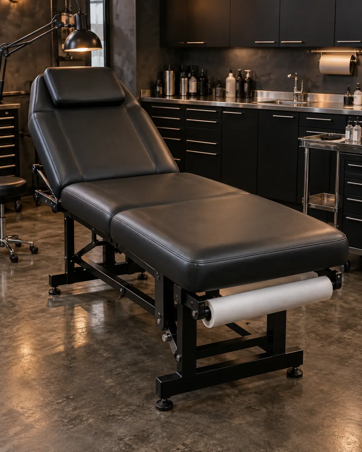 A black vinyl tattoo bed with a paper roll holder