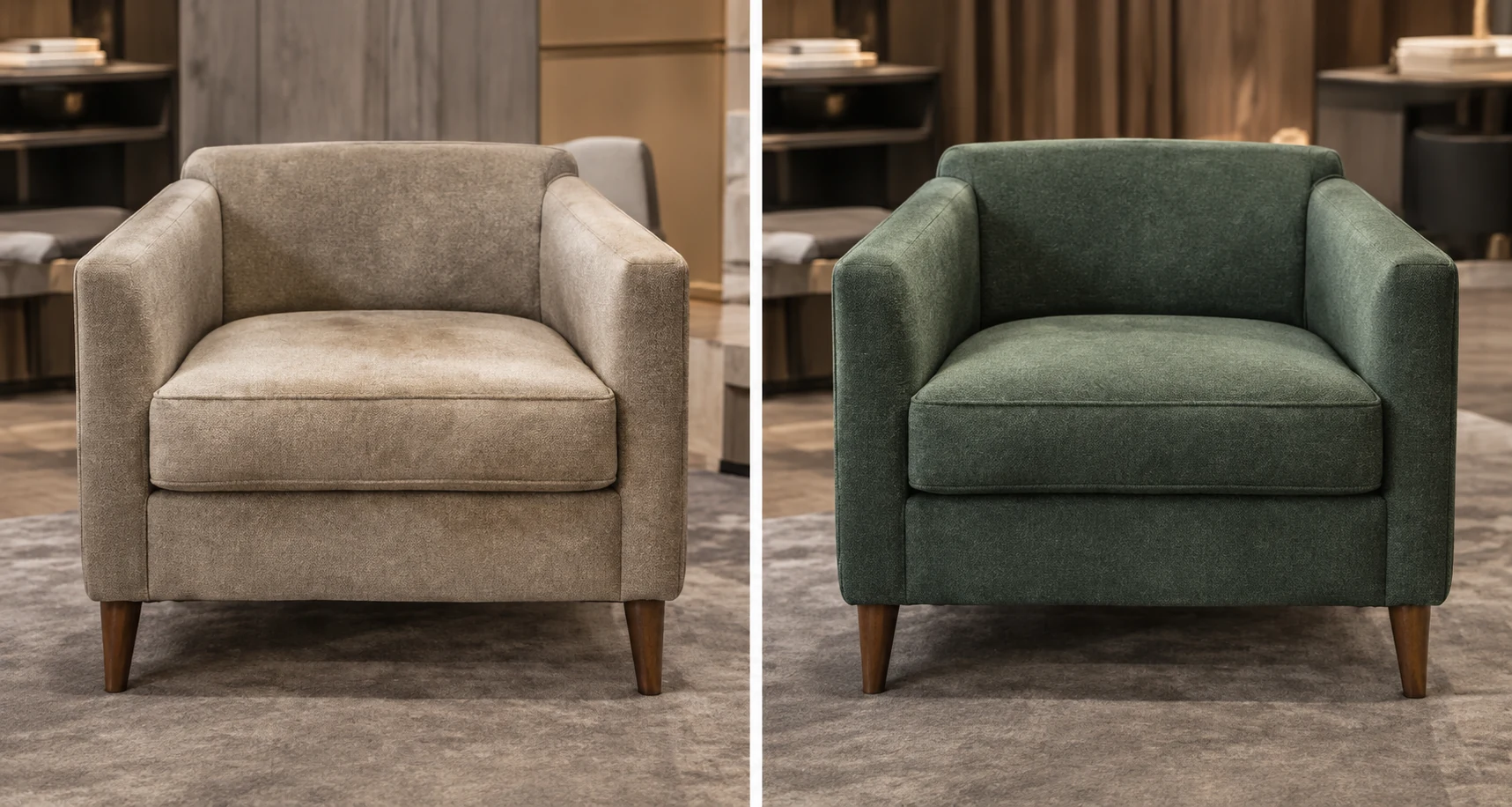 A taupe leather club chair and a green leather club chair of identical shape photographed side by side