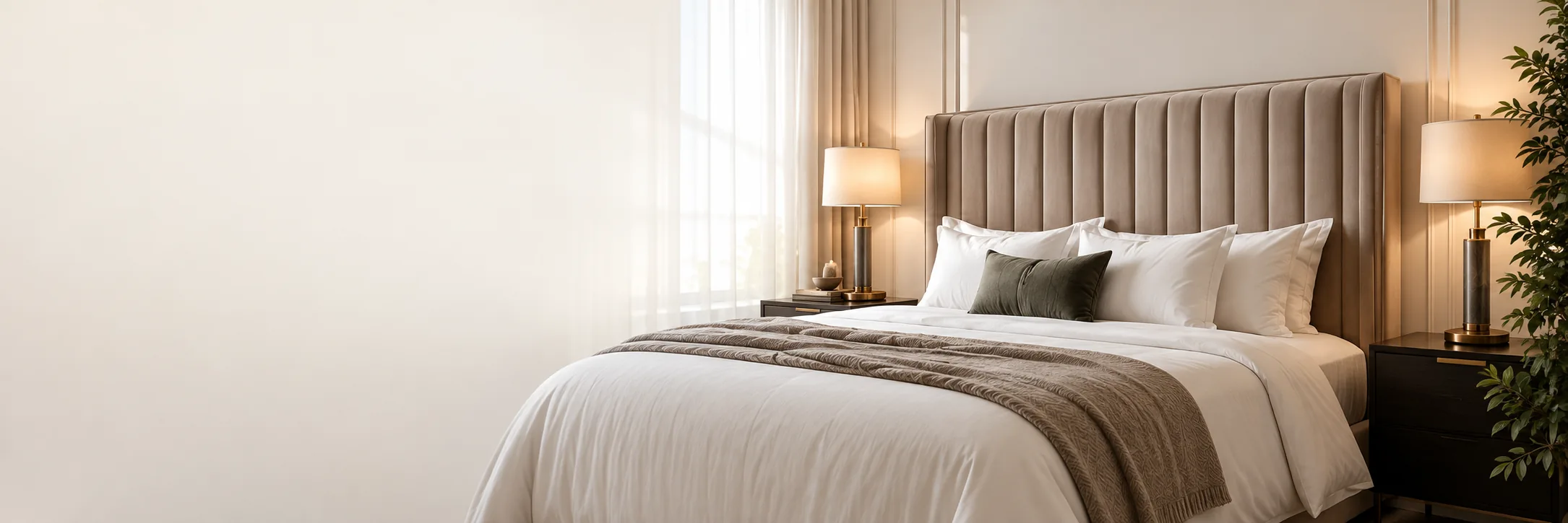Taupe channel-tufted headboard against a plain bedroom wall