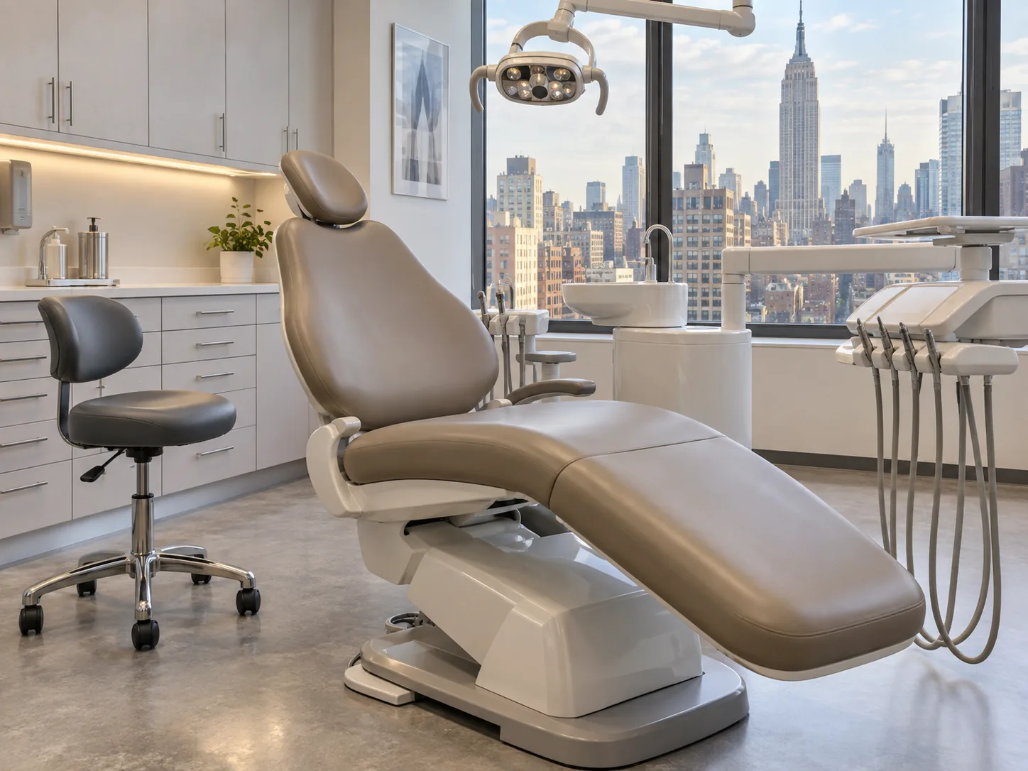 A taupe dental chair in an operatory with a Manhattan skyline view