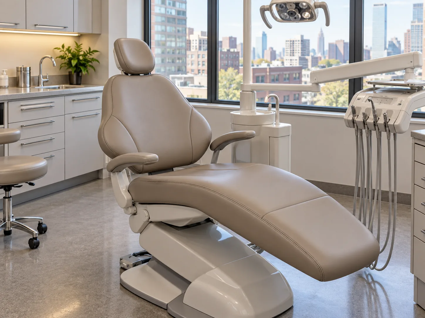 A reupholstered taupe dental chair in a bright operatory