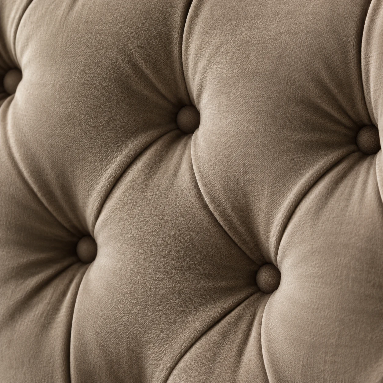 Taupe velvet chair back with deep diamond button tufting