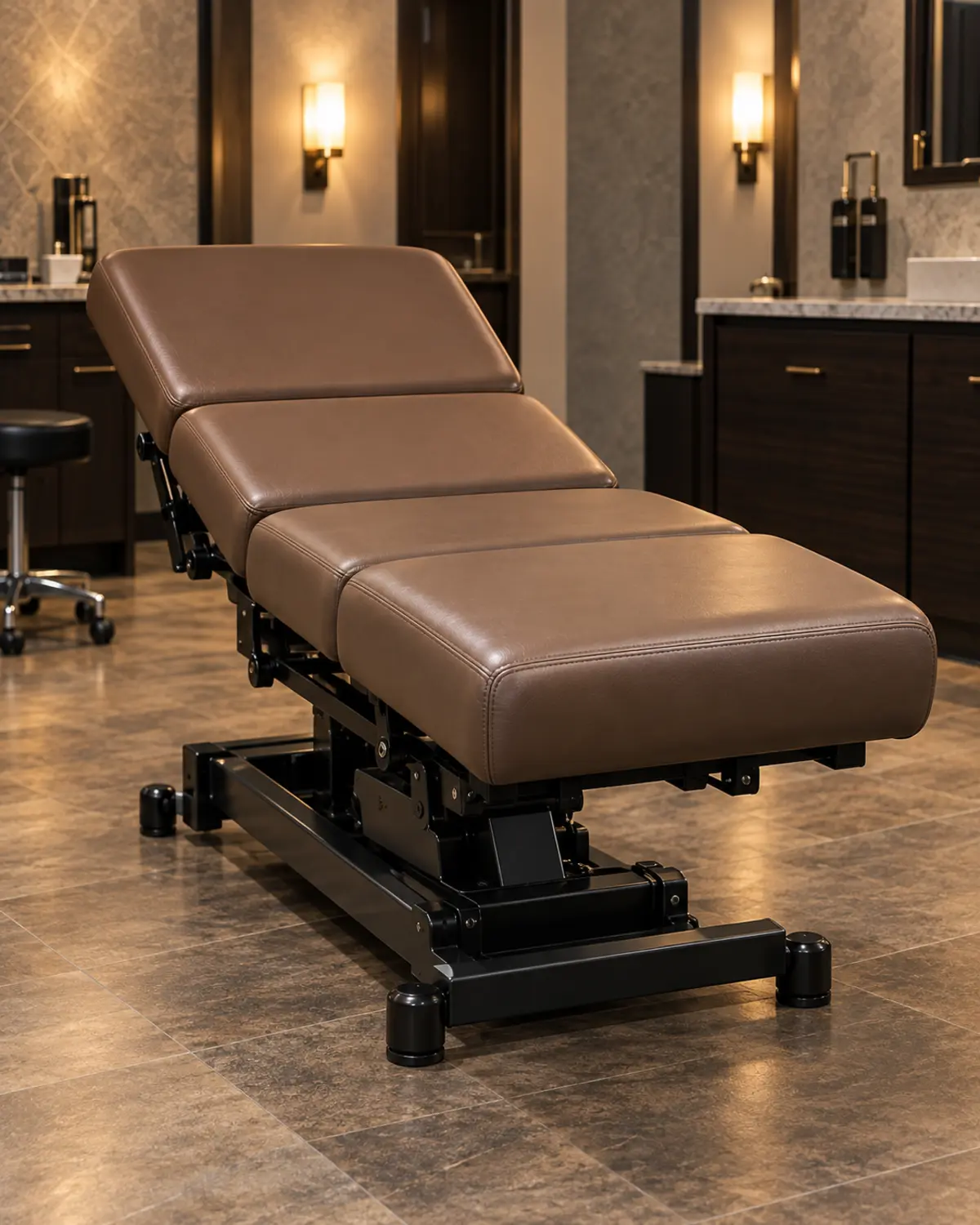 A taupe waxing table with its back section raised