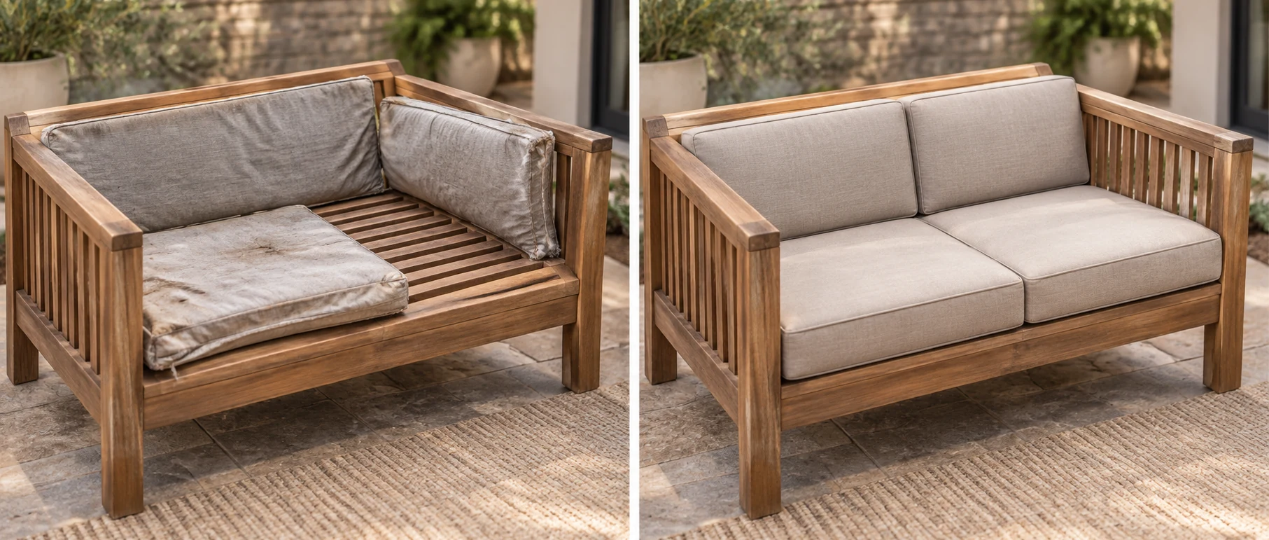 Before and after of a teak outdoor loveseat, old cushions heaped on the deck then a new fitted set in place