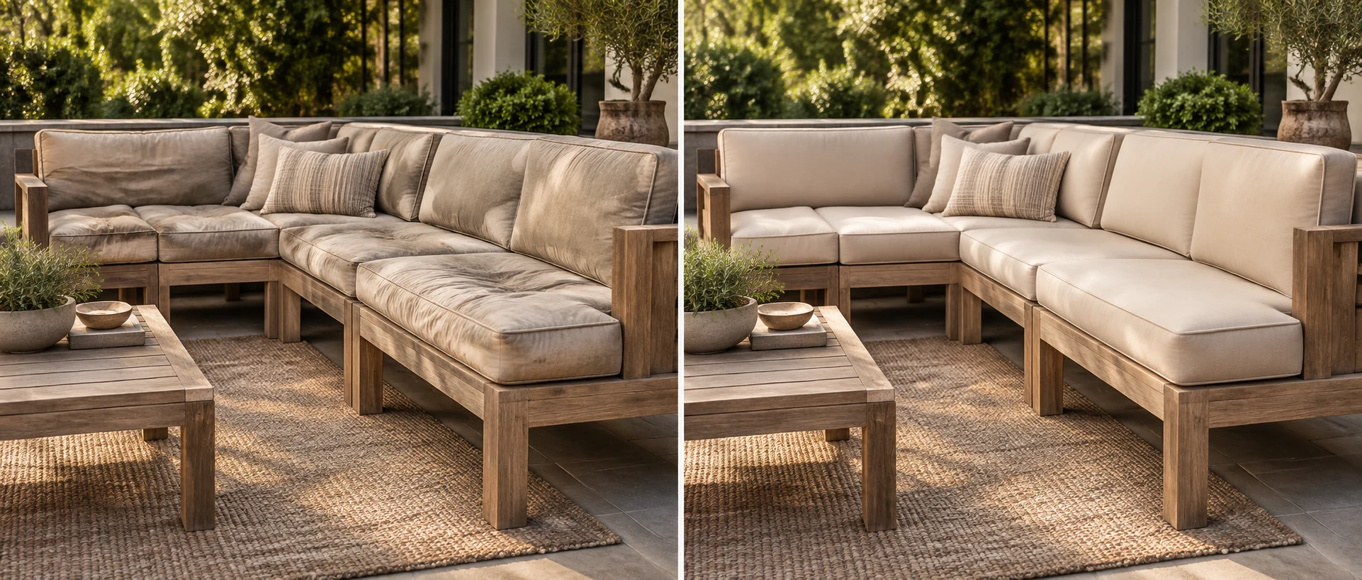 Before and after of a teak outdoor sectional, sagging cushions then new full cushions in the same colour