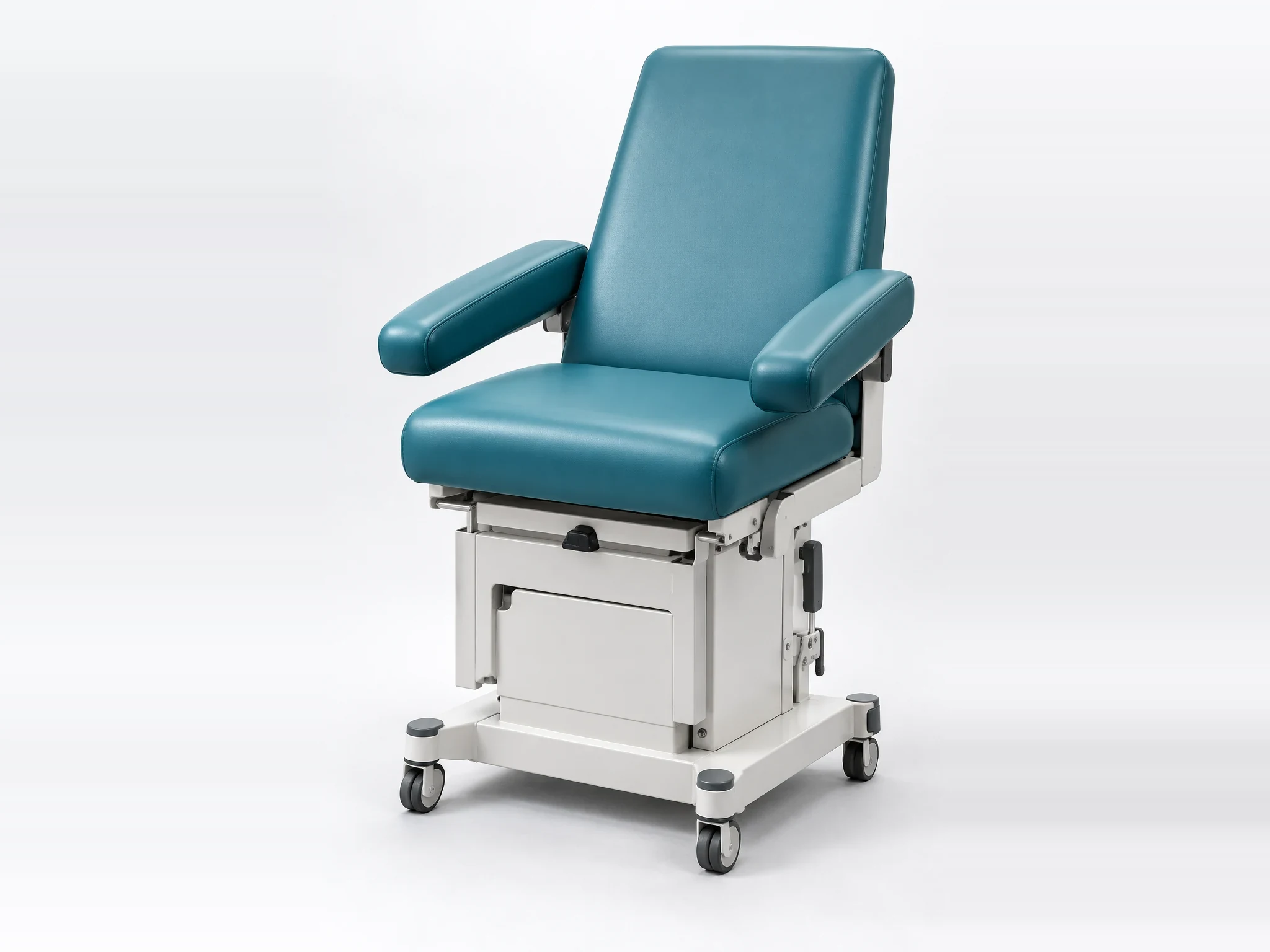 Teal treatment chair with a storage drawer built into its powered base