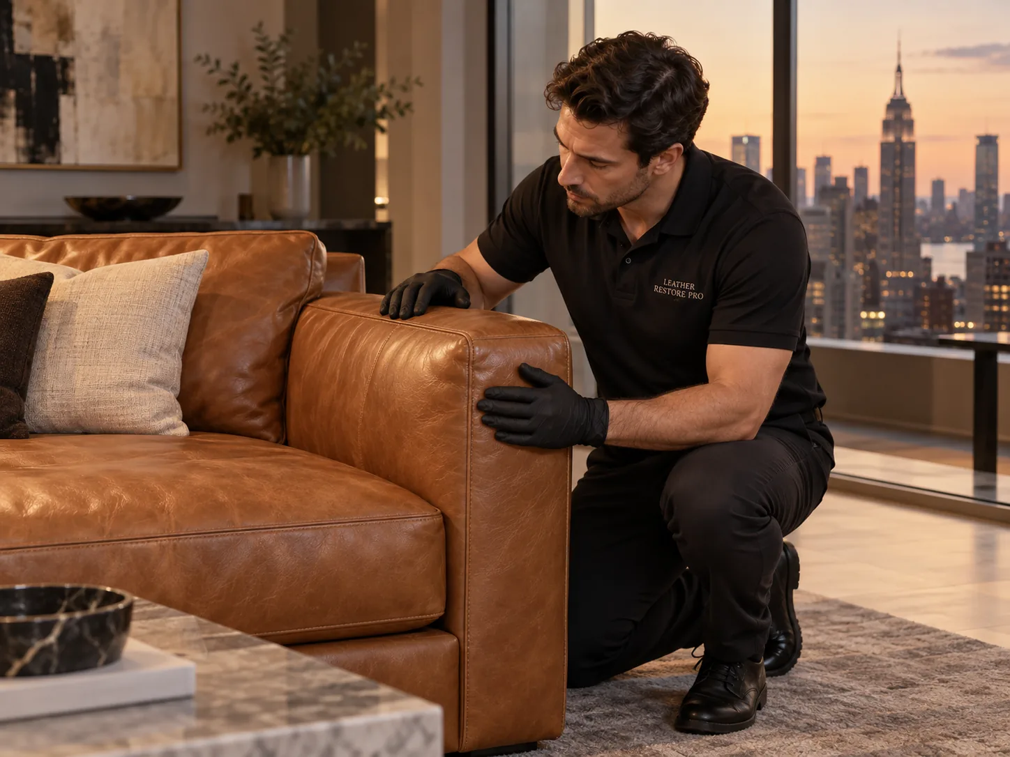 Technician checking a cognac leather sofa