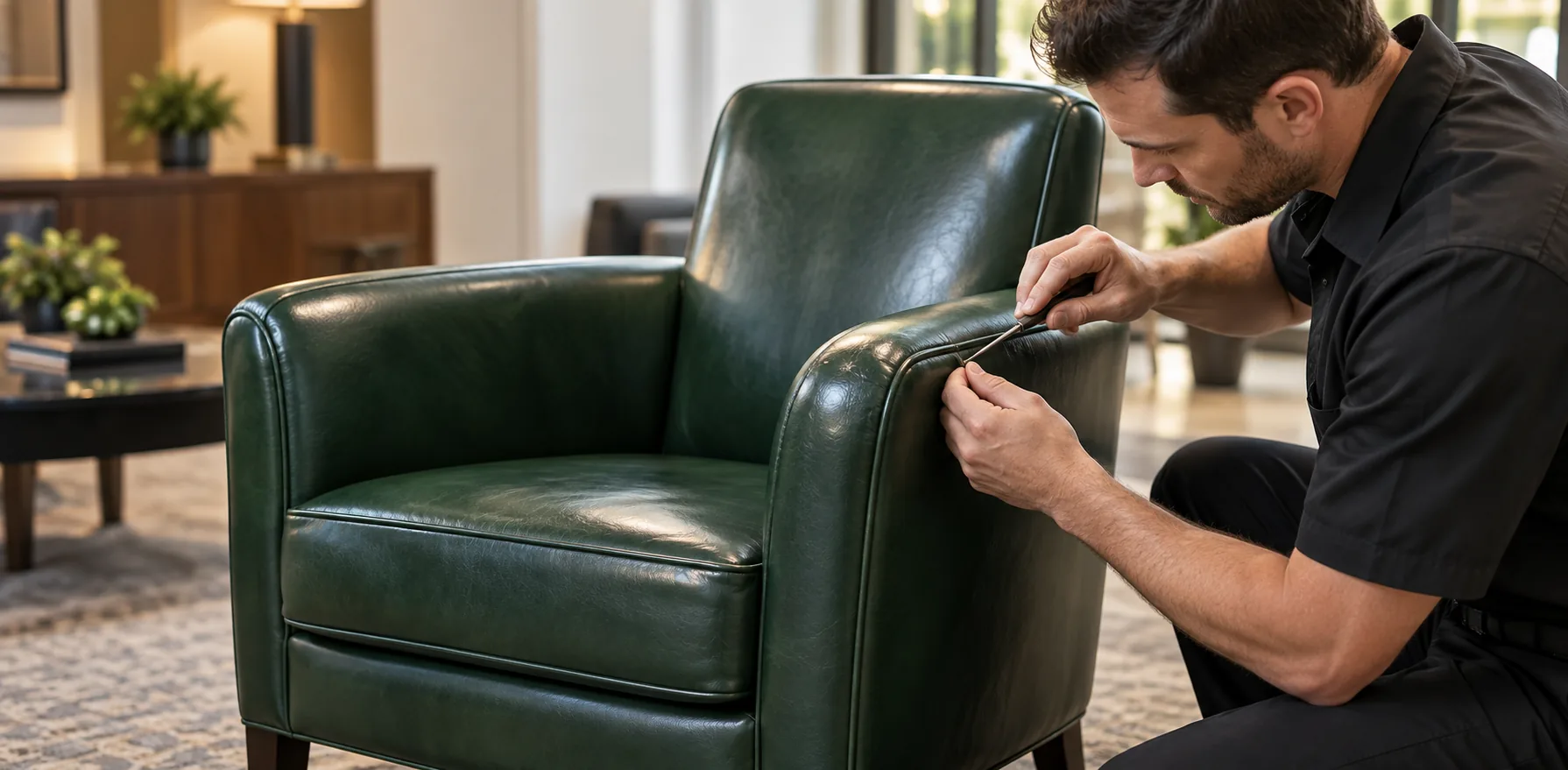 Leather repair Nassau County: a technician checking a leather club chair at home