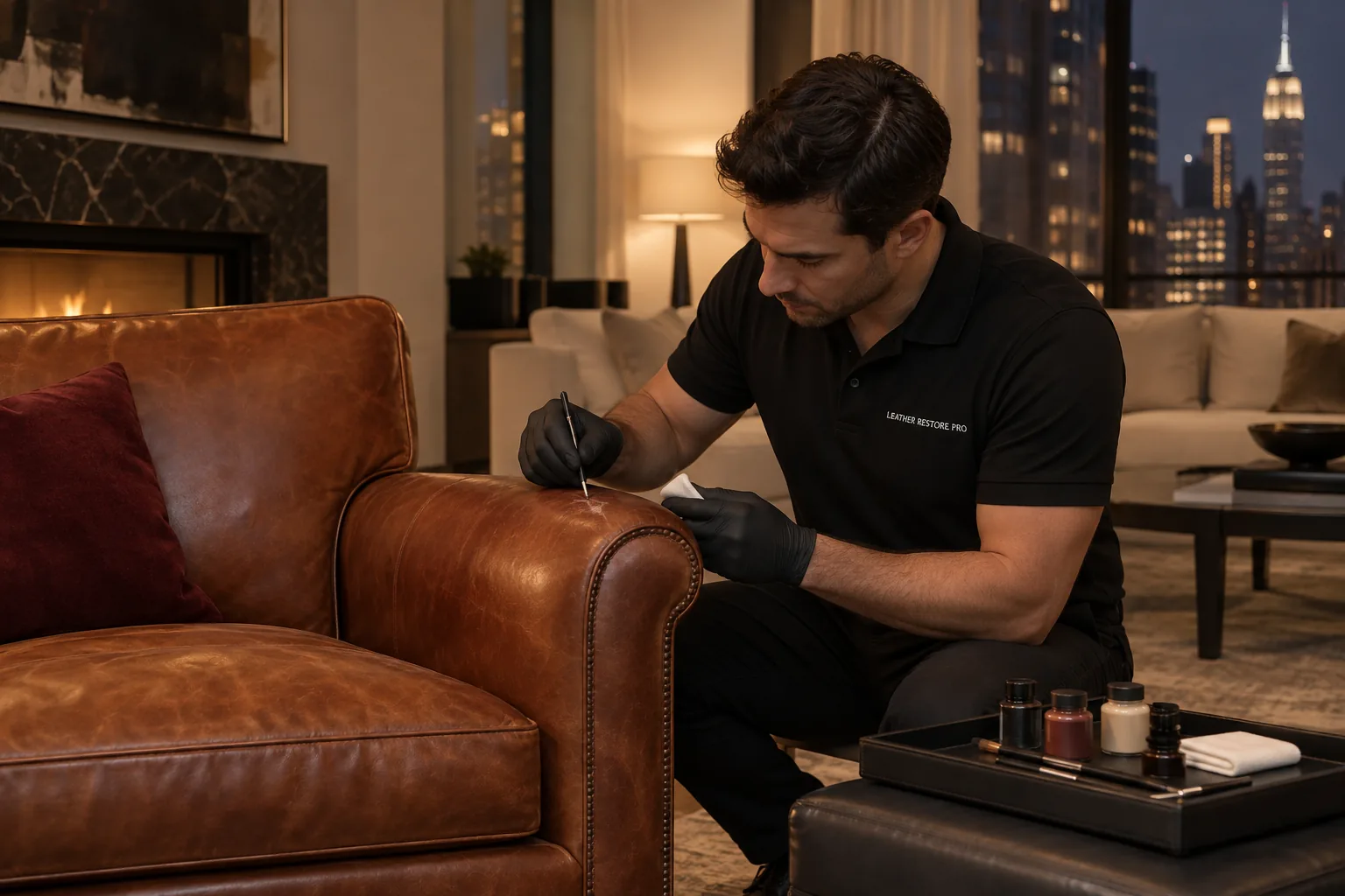 Technician quietly repairing a leather chair in a luxury home while the household carries on