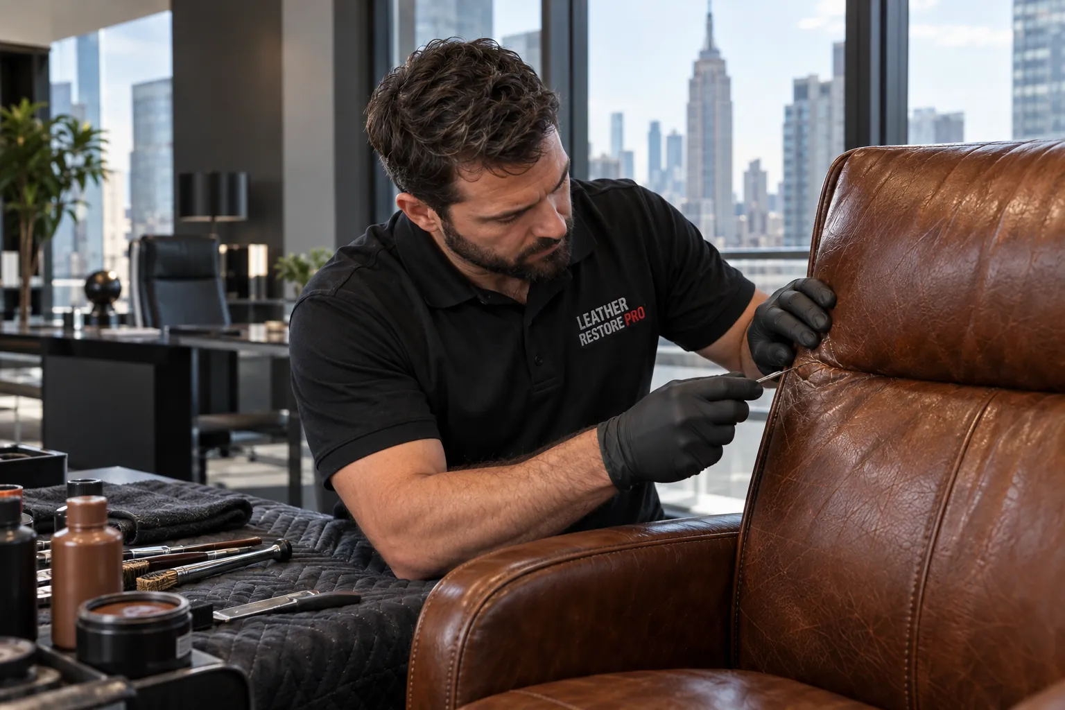 A technician in black gloves repairs the leather back of an office chair