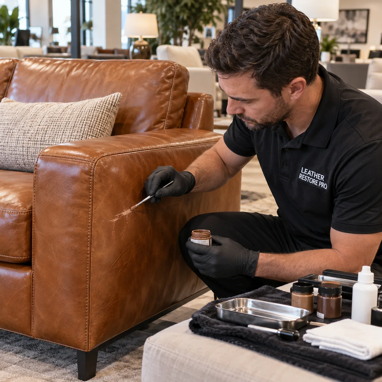 Technician repairing a leather sofa arm in a store
