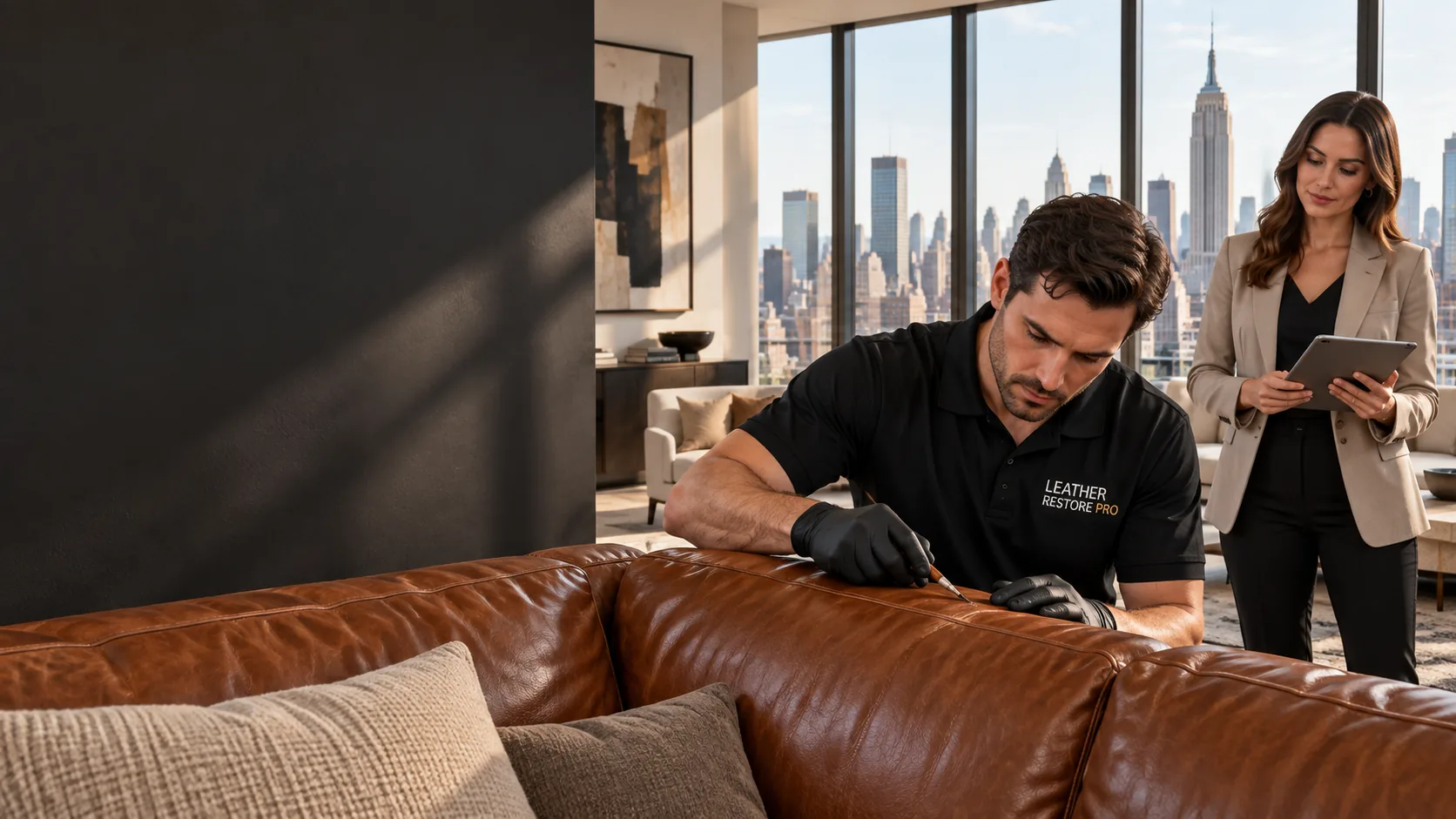 A technician repairing a leather sofa while an agent checks the schedule on a tablet