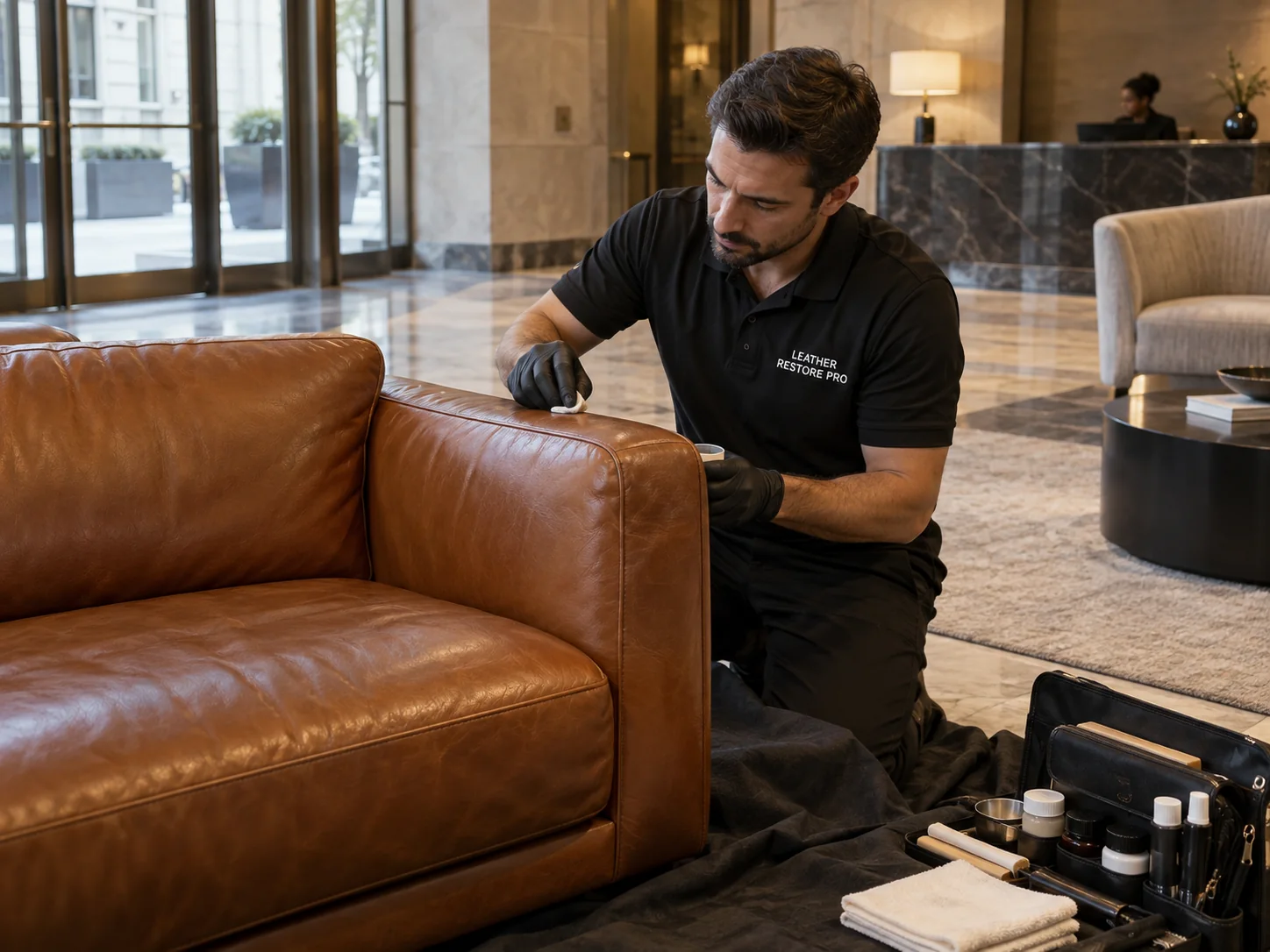 A technician repairing the arm of a leather sofa in a residential lobby