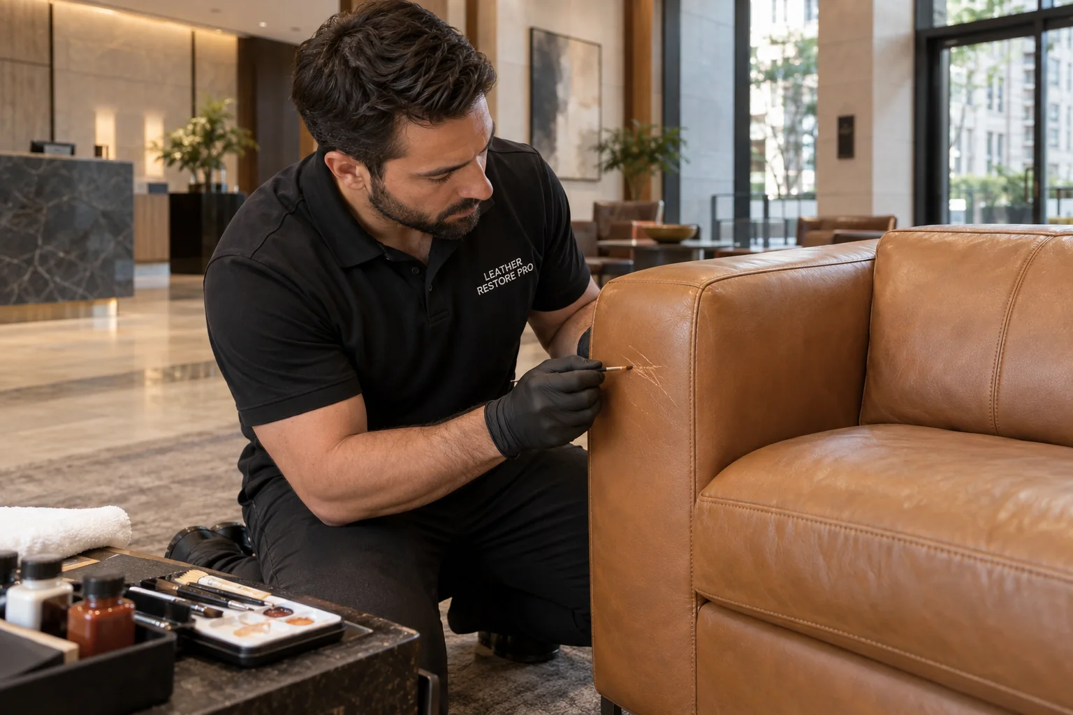 A technician repairing scratches on a leather lobby sofa