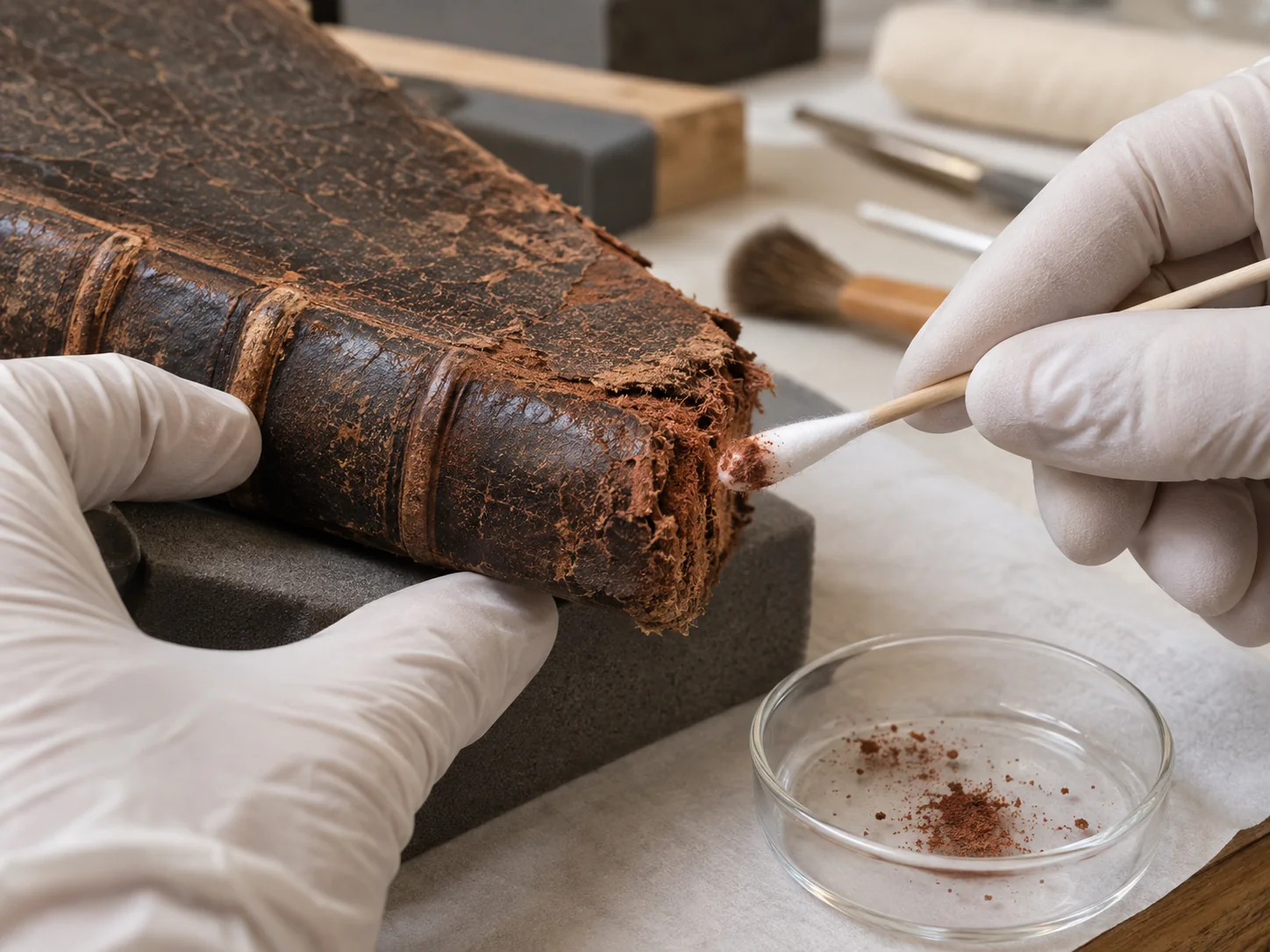 A restorer testing a powdery, degraded antique leather edge for red rot