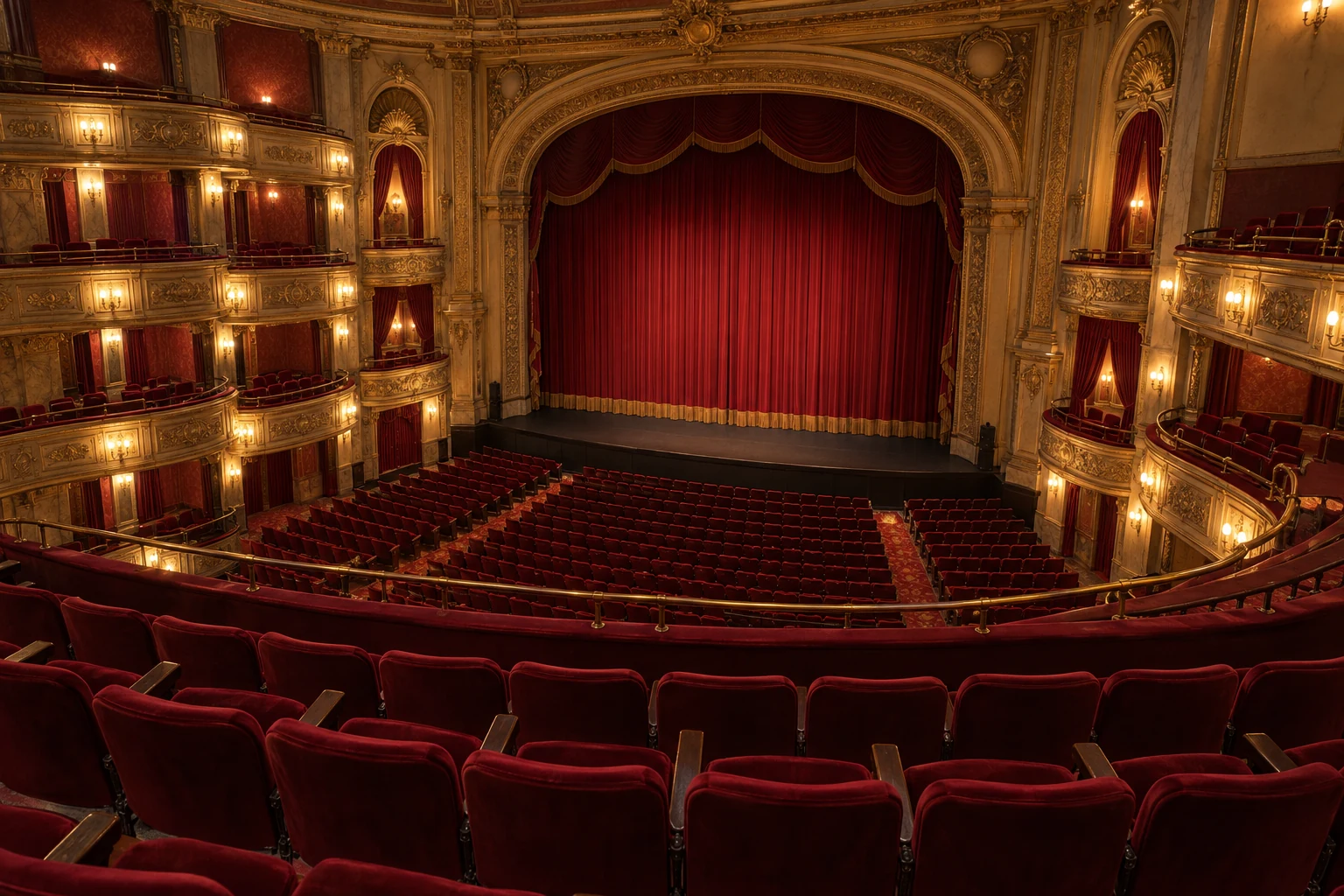 A theater balcony view over red velvet seating toward the curtain