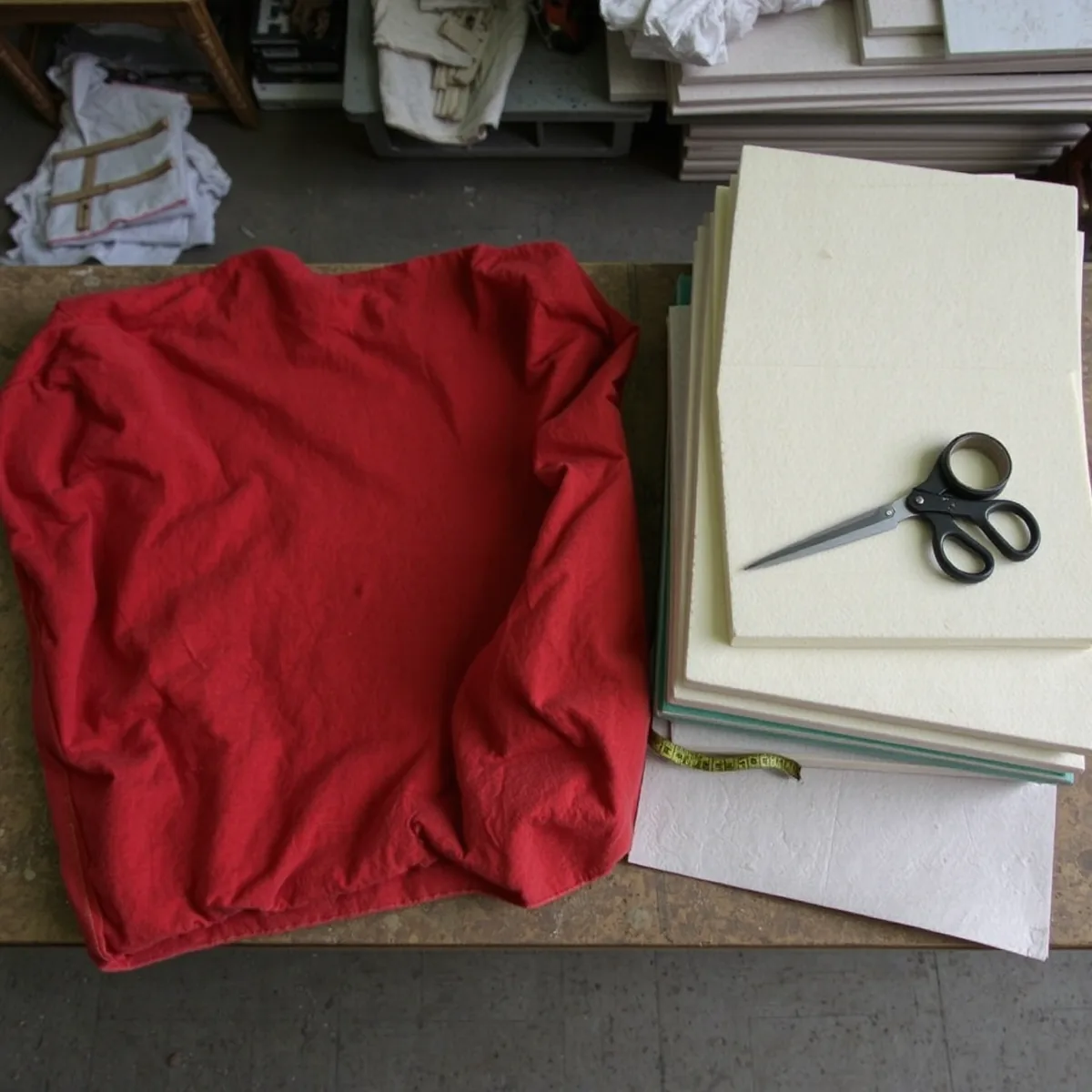 Red seat cover taken off, beside a stack of foam sheets with shears and a tape measure on a workshop bench