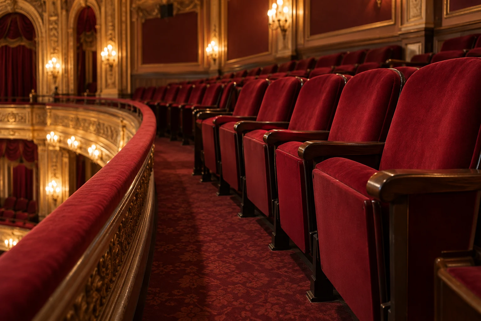 Curved rows of theater seating at balcony level
