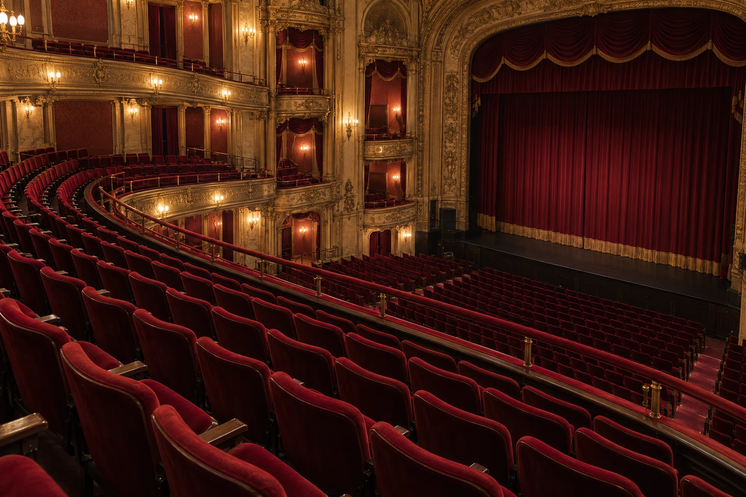 Curved rows of red velvet theater seating seen from a box