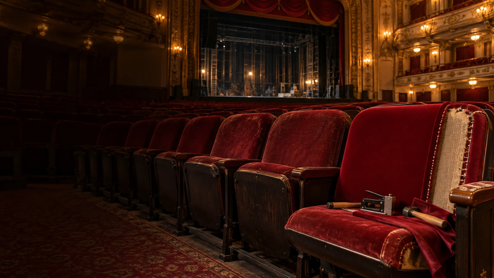 A theater house with one seat part way through reupholstery