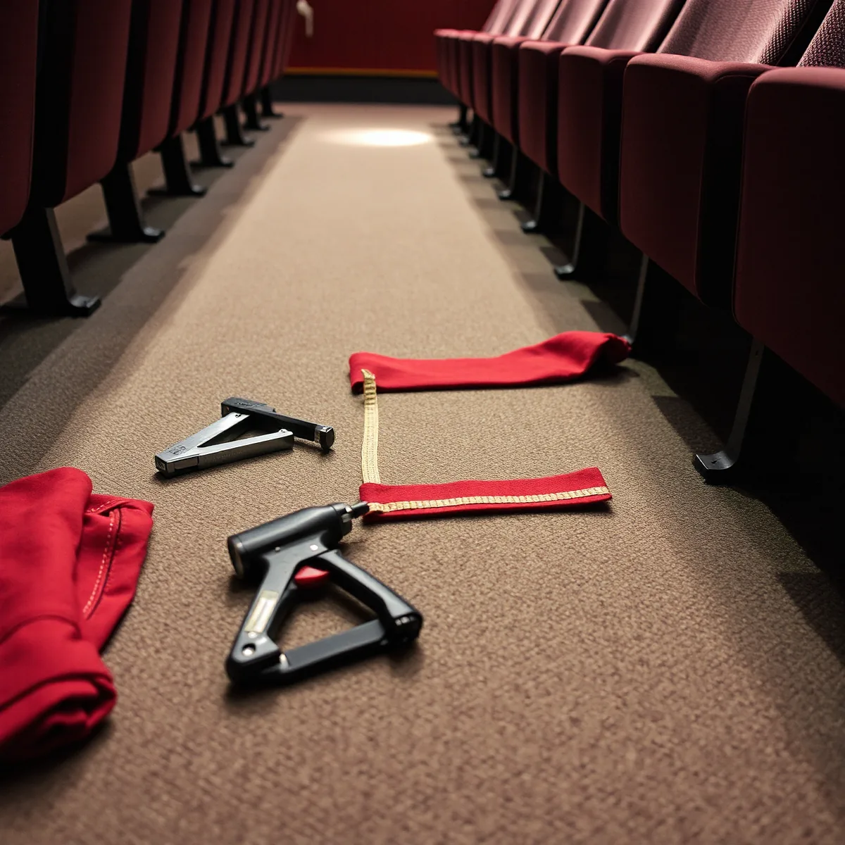 Theater seat covers being fitted in place in the aisle
