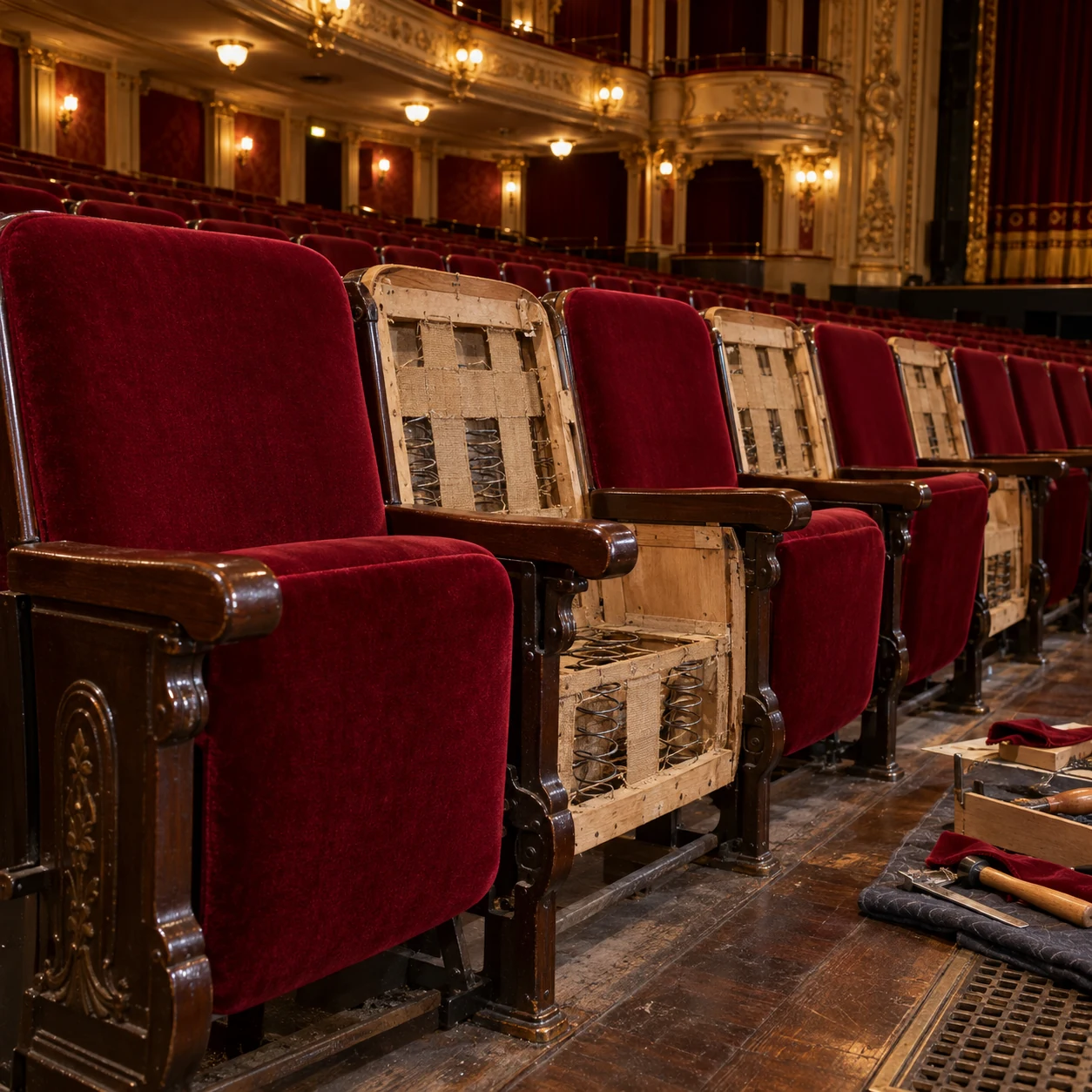 A theater row with seat covers removed