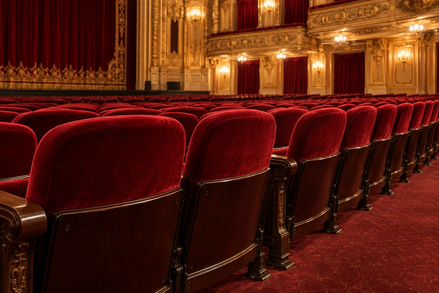 A recovered theater row under warm house light
