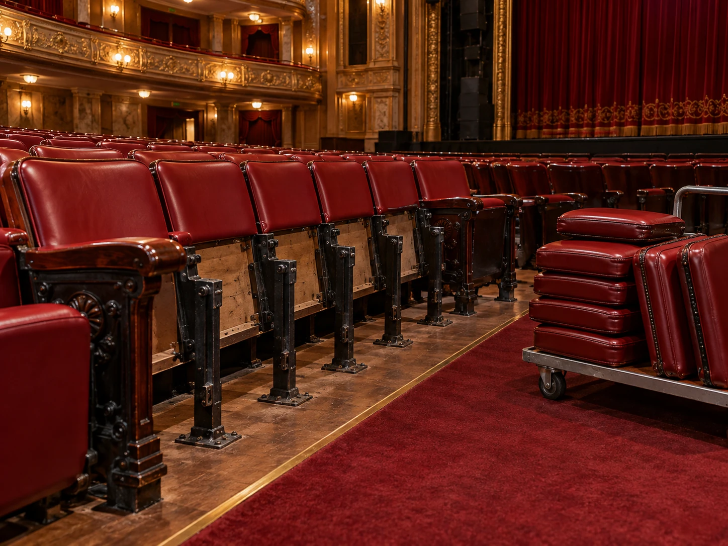 Theater seats removed from a row for recovery