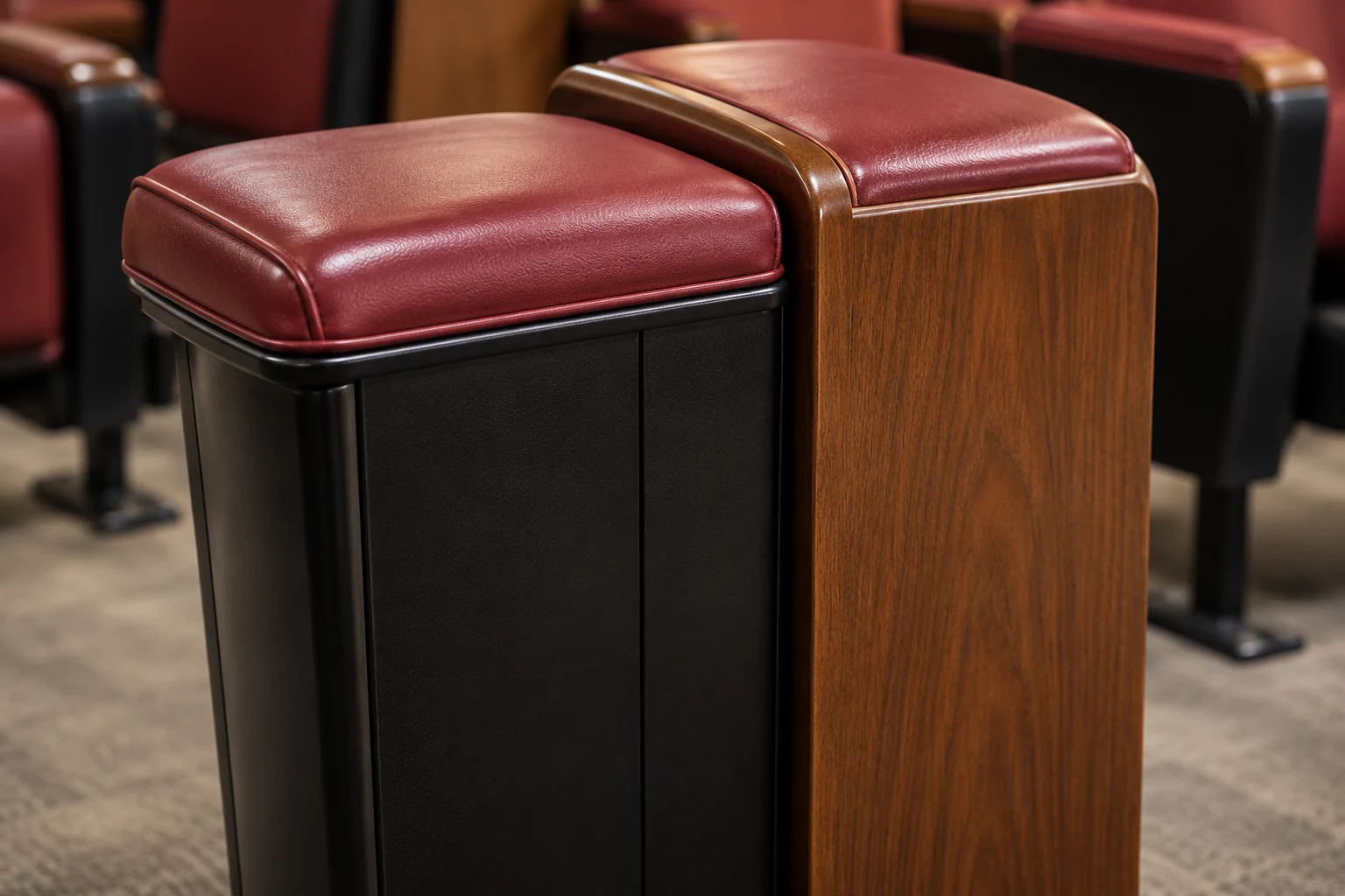 Red leather arm caps on black standards beside a wood aisle end panel