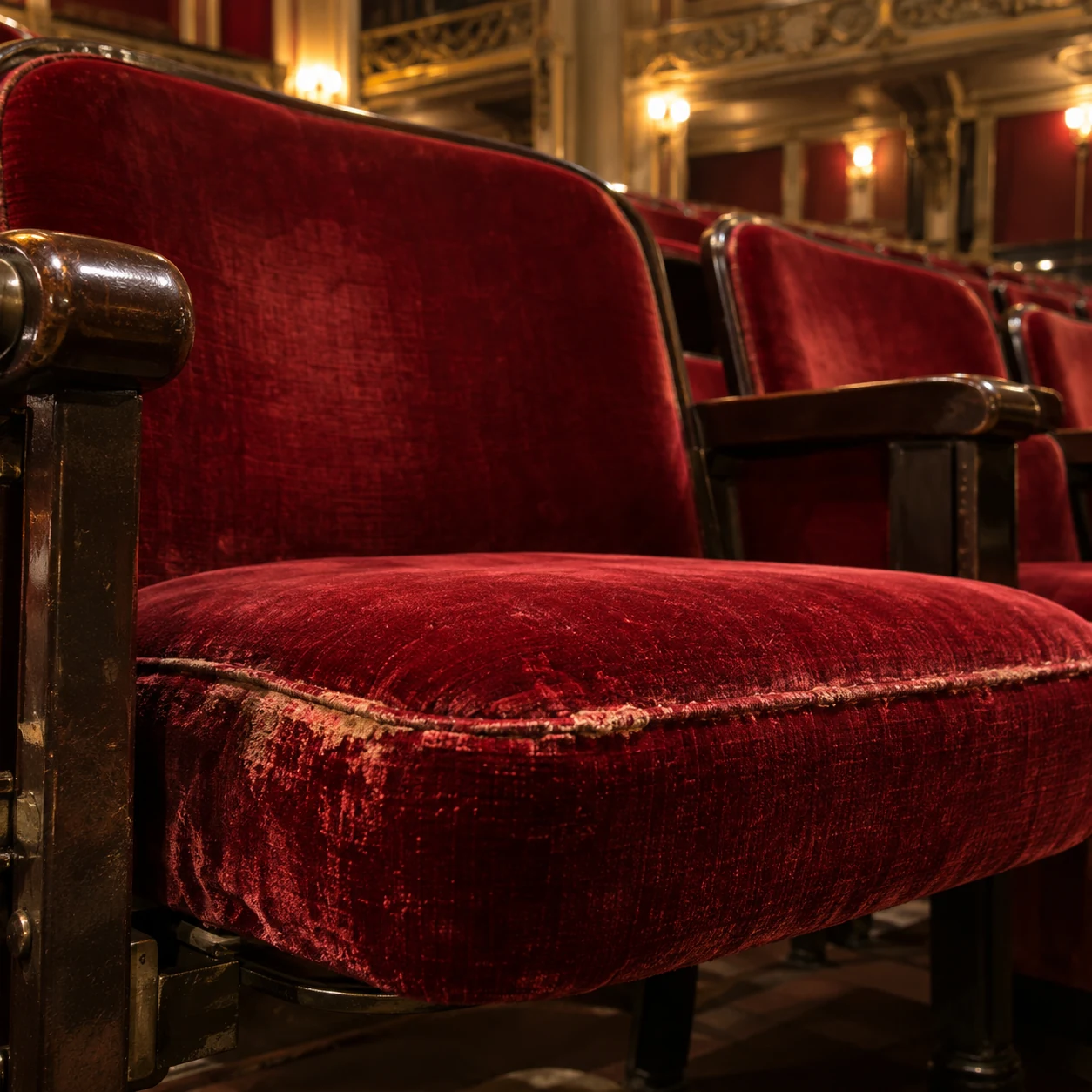 A worn arm and seat front on a theater seat