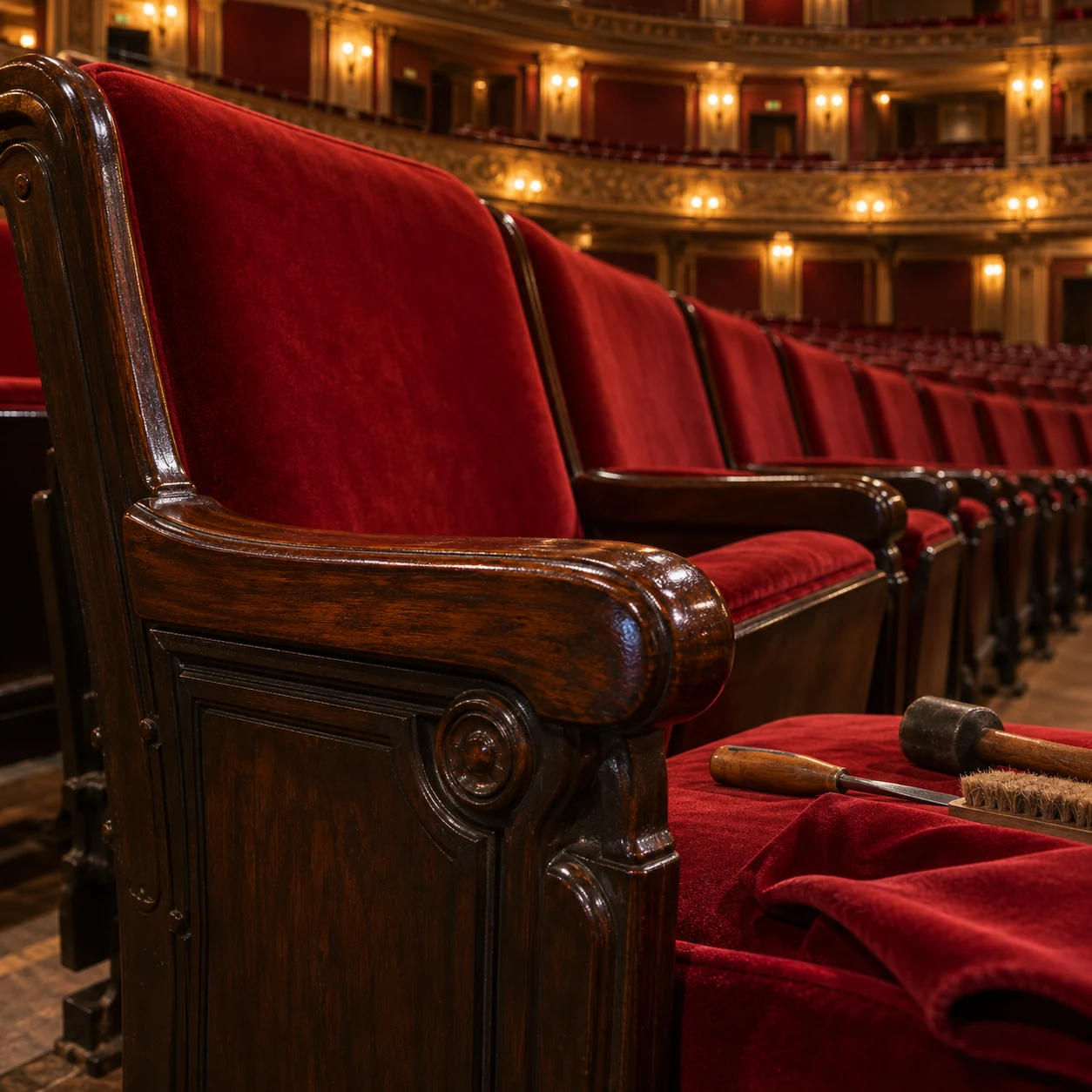 A theater seat arm beside rolled velvet