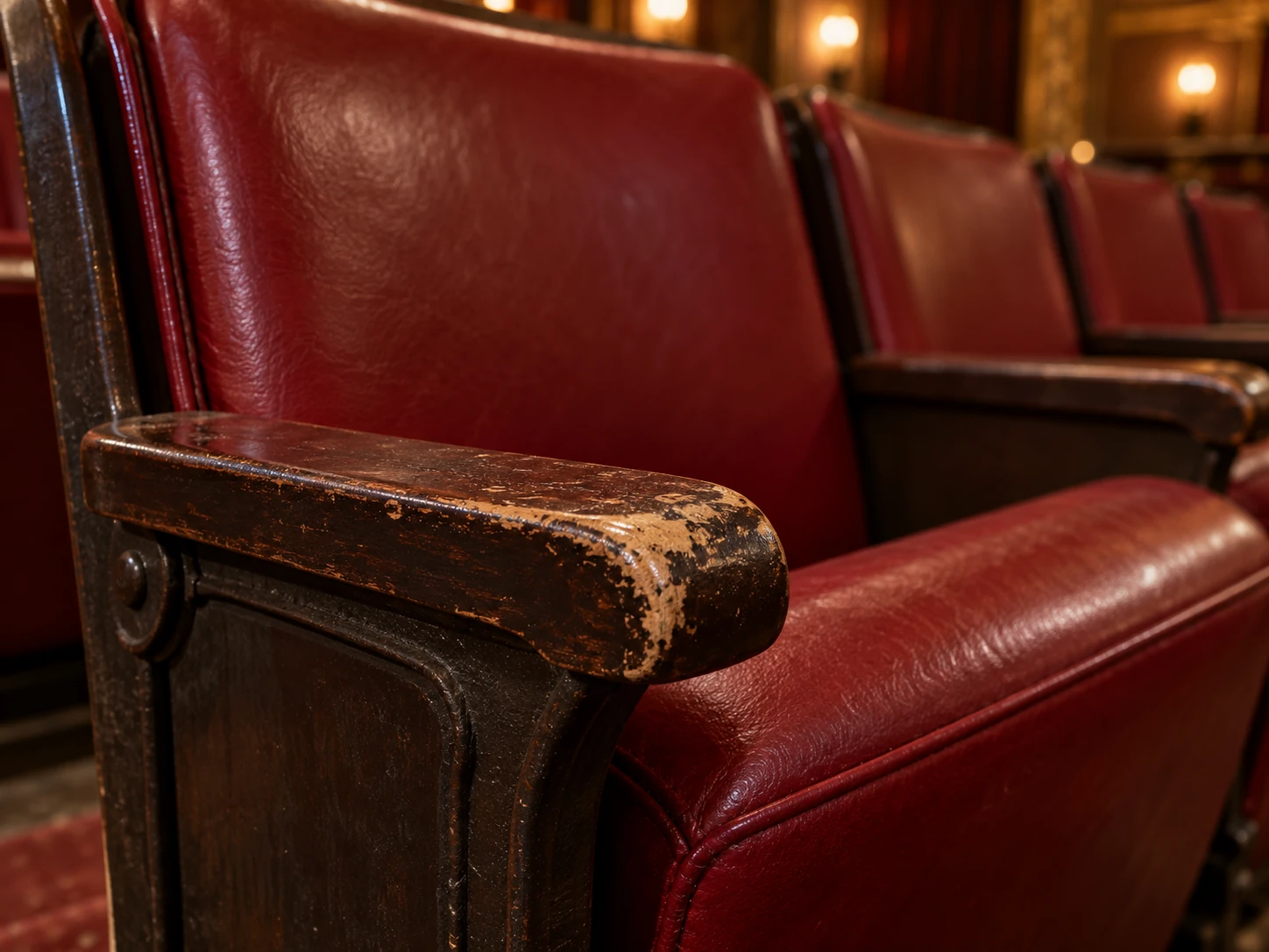 A worn armrest cap on a theater seat