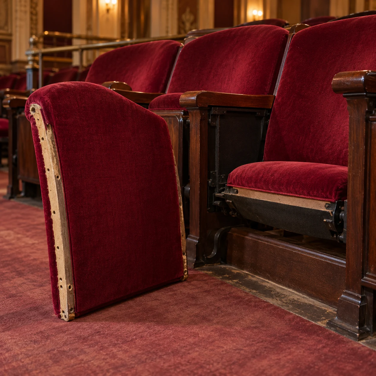 A theater seat with its back panel removed
