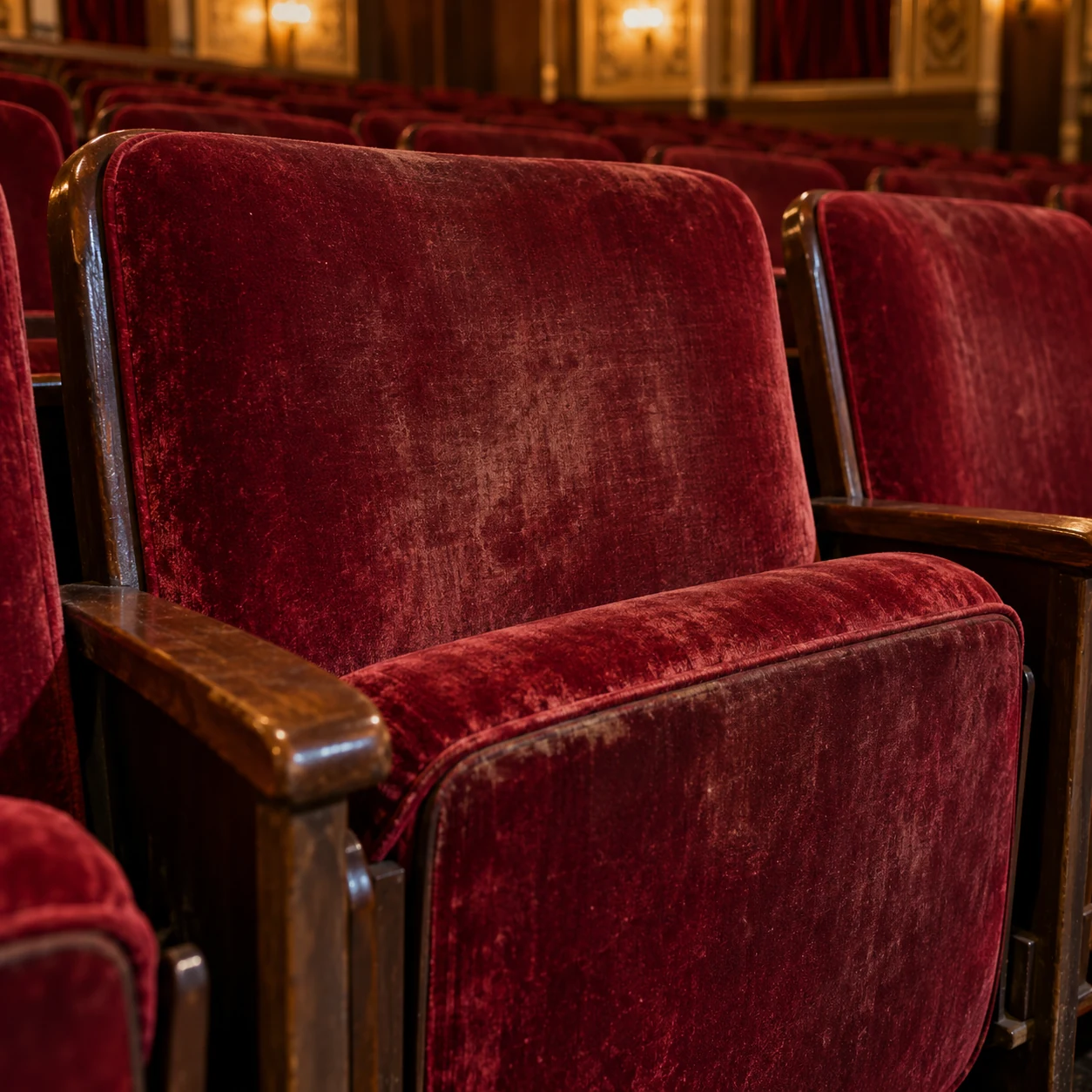 Polished velvet on a theater seat back