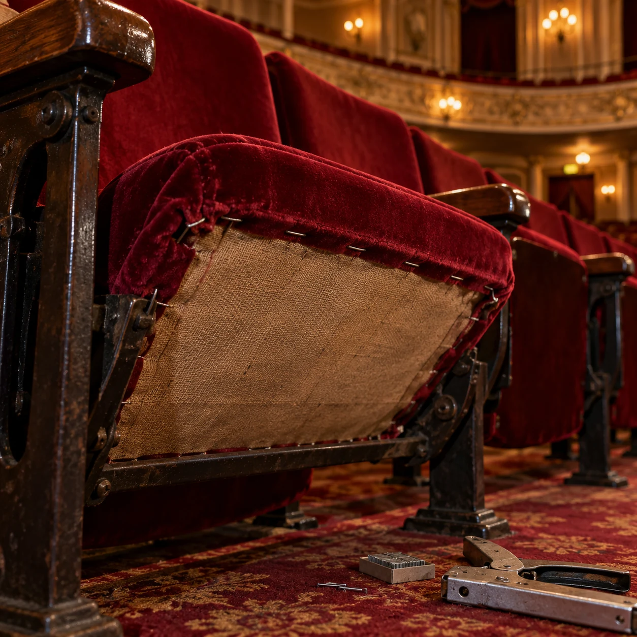 A theater seat back stripped to its burlap