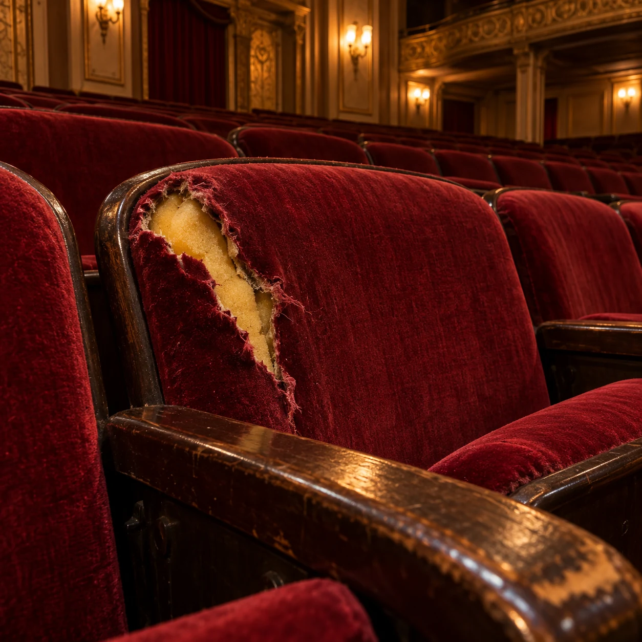A torn theater seat back with foam showing