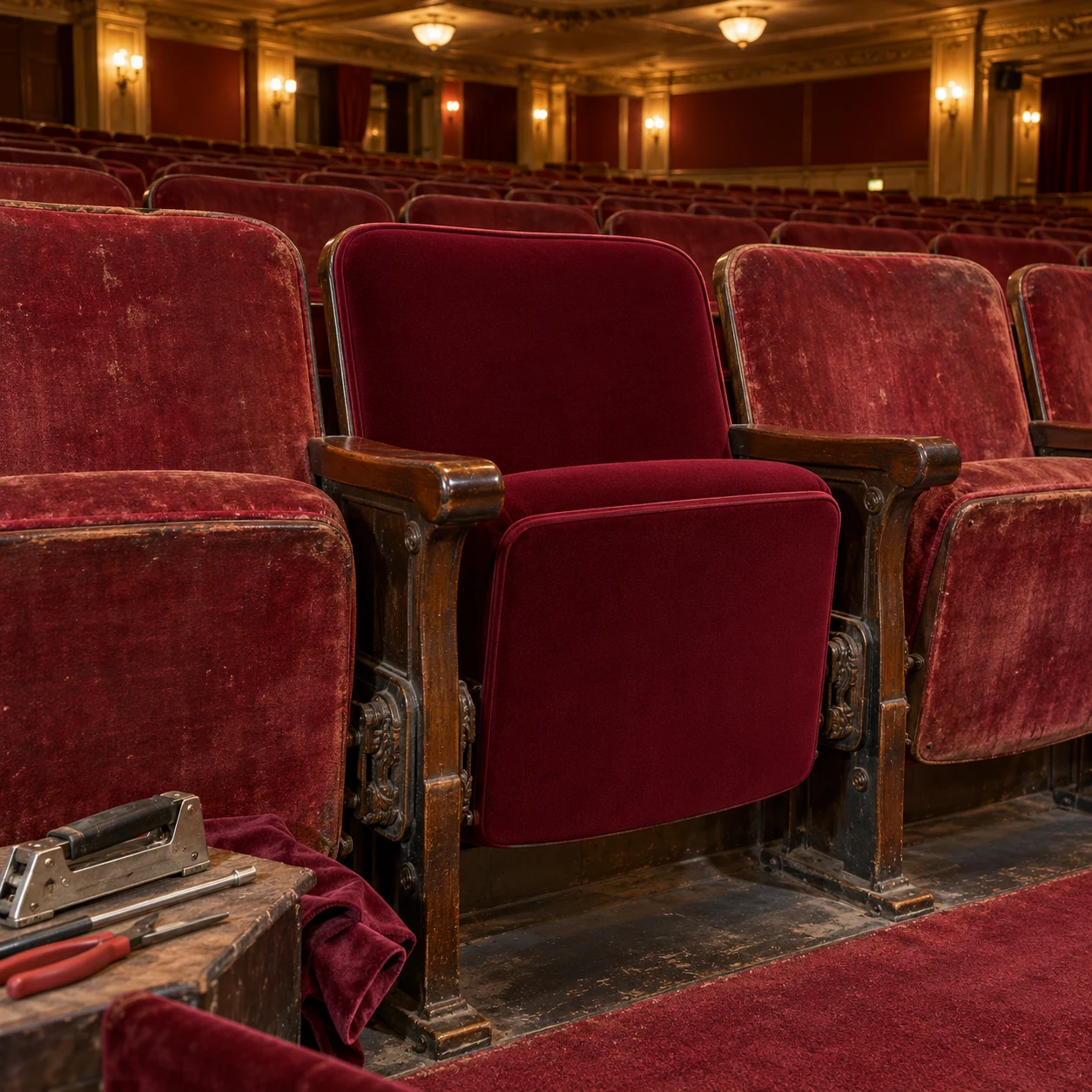 A theater seat cover being fitted in the row