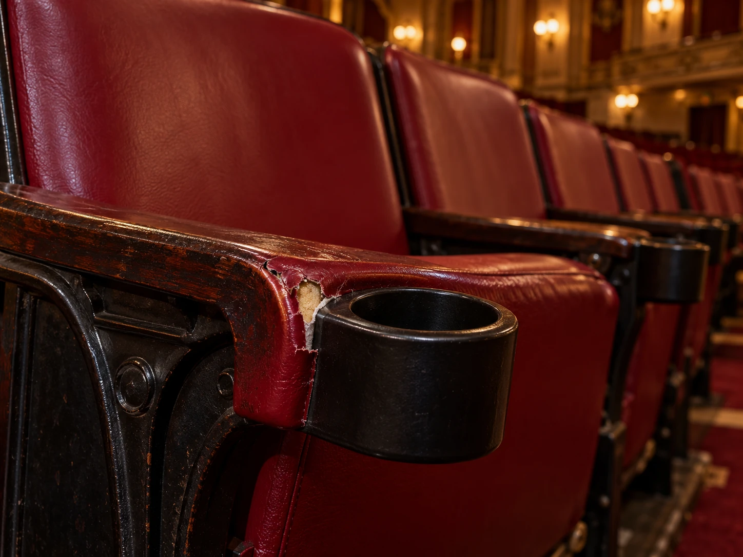 A torn cup holder edge on a theater seat
